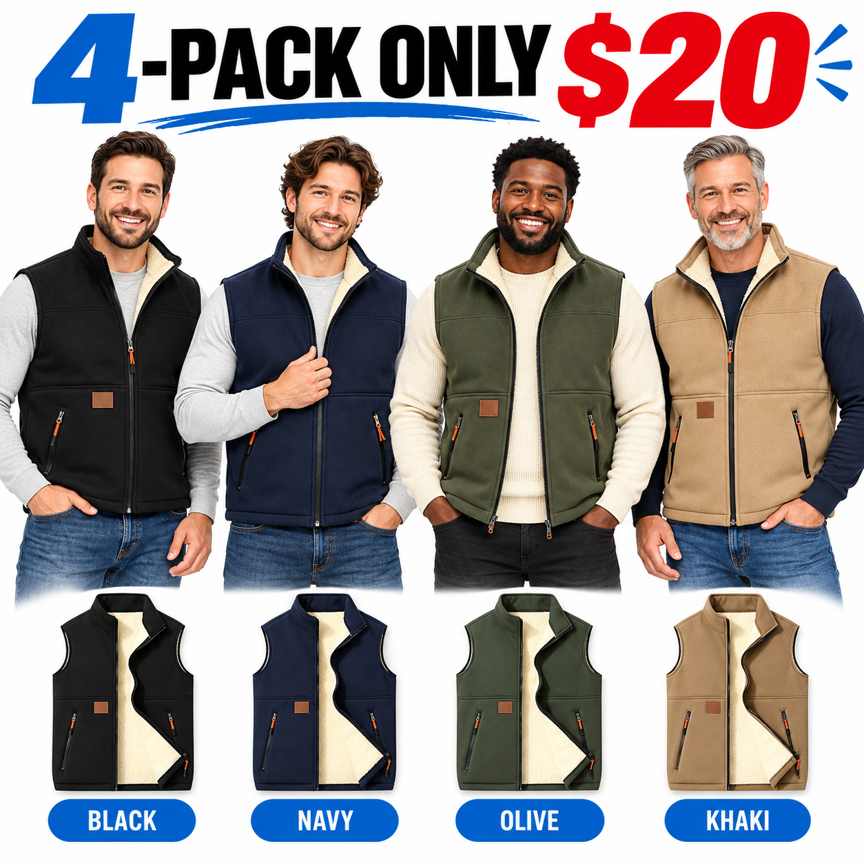 Men's Fleece-Lined Stand-Collar Vest – Warm Zip-Up Sleeveless Jacket with Secure Pockets