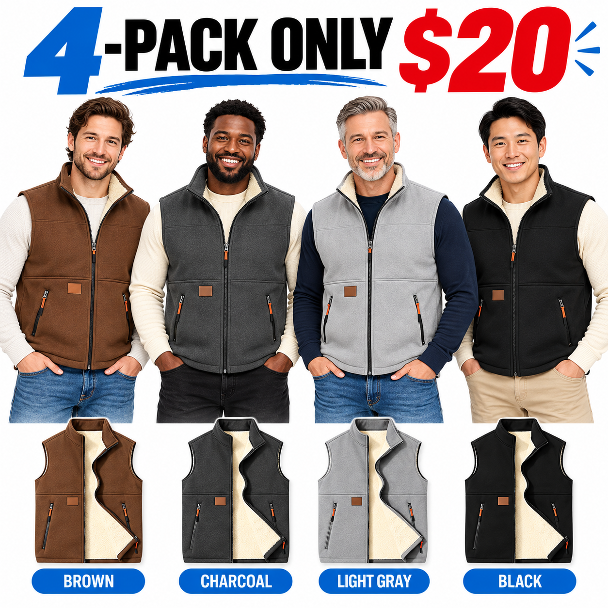 Men's Fleece-Lined Stand-Collar Vest – Warm Zip-Up Sleeveless Jacket with Secure Pockets