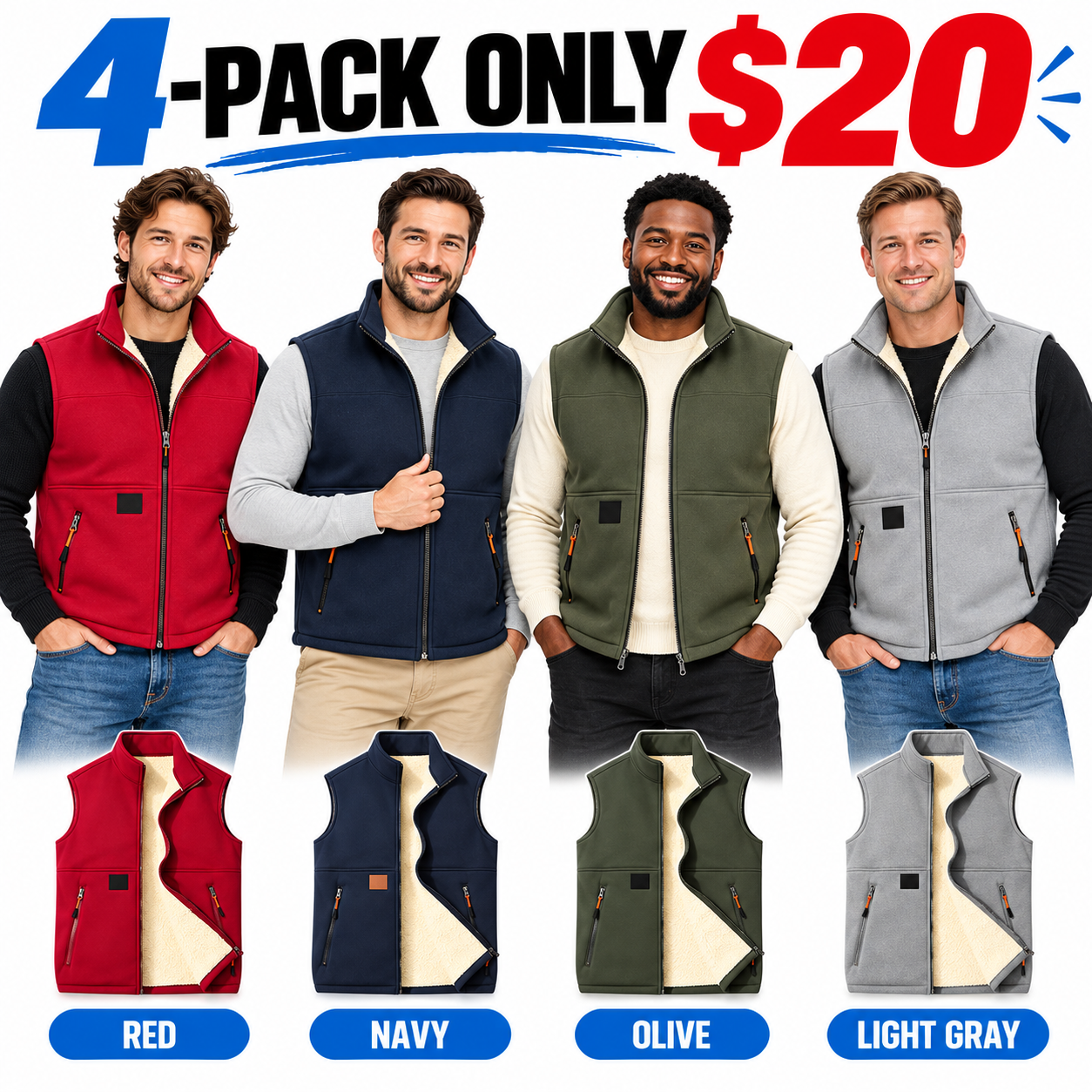 Men's Fleece-Lined Stand-Collar Vest – Warm Zip-Up Sleeveless Jacket with Secure Pockets