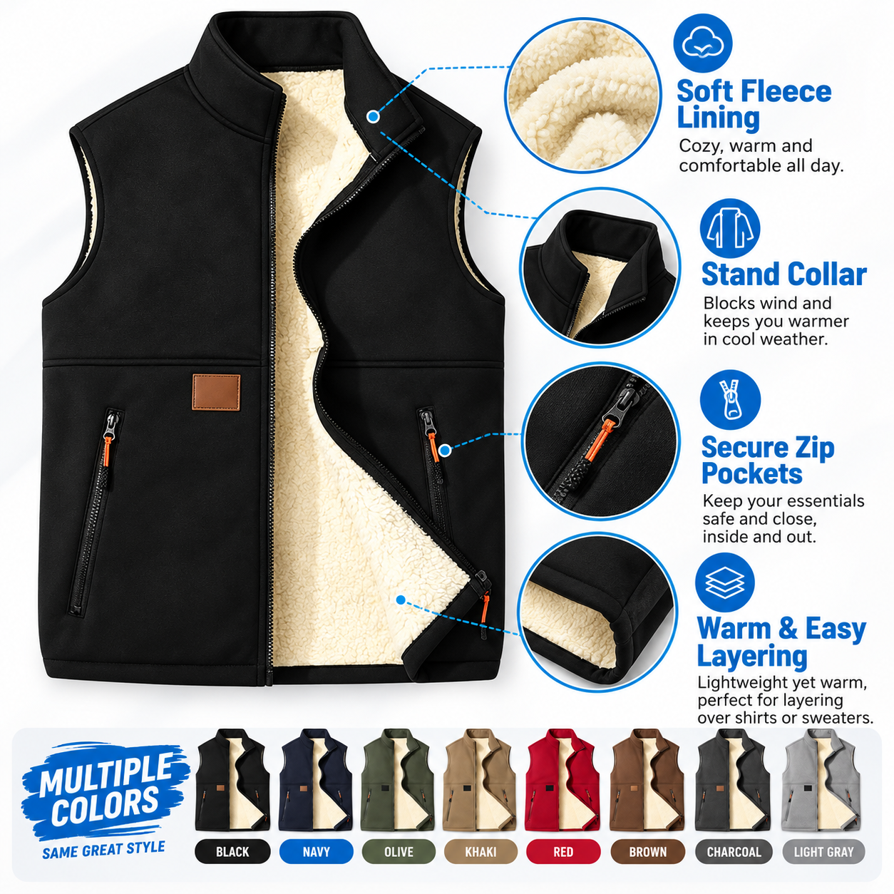 Men's Fleece-Lined Stand-Collar Vest – Warm Zip-Up Sleeveless Jacket with Secure Pockets