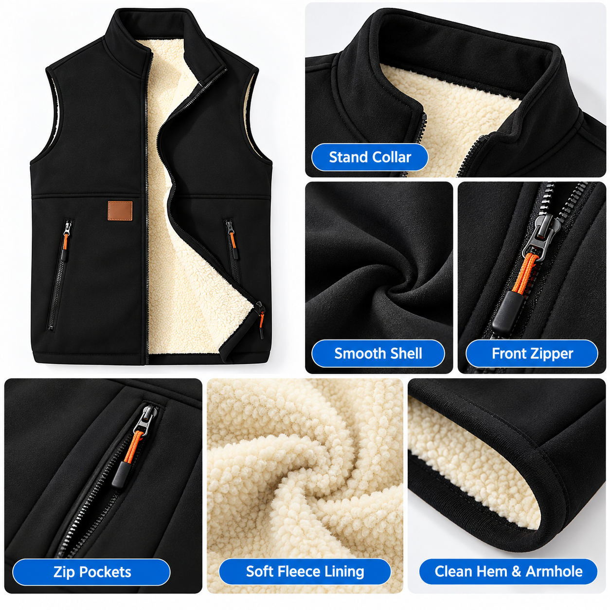 Men's Fleece-Lined Stand-Collar Vest – Warm Zip-Up Sleeveless Jacket with Secure Pockets