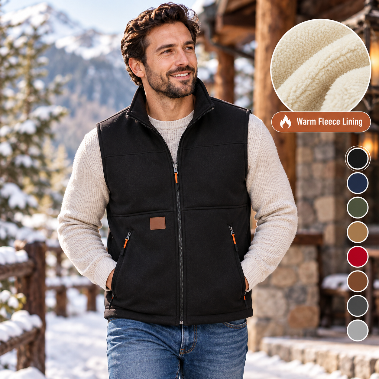Men's Fleece-Lined Stand-Collar Vest – Warm Zip-Up Sleeveless Jacket with Secure Pockets