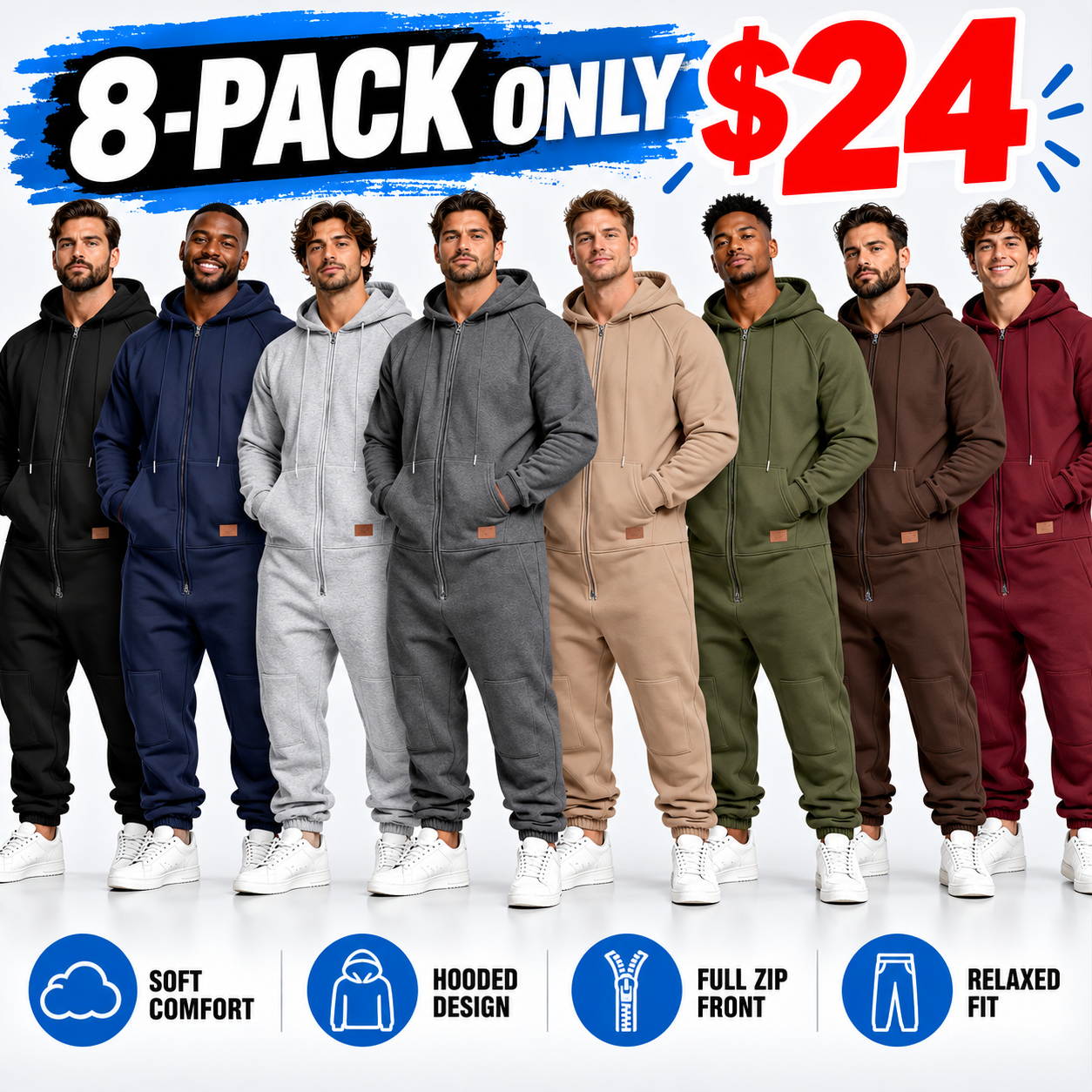 Men's Hooded Cargo Jumpsuit – Multi-Pocket Full-Zip One-Piece Outfit for Fall & Winter