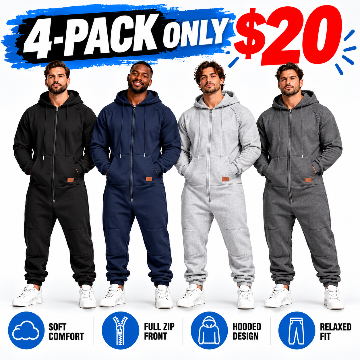 Men's Hooded Cargo Jumpsuit – Multi-Pocket Full-Zip One-Piece Outfit for Fall & Winter