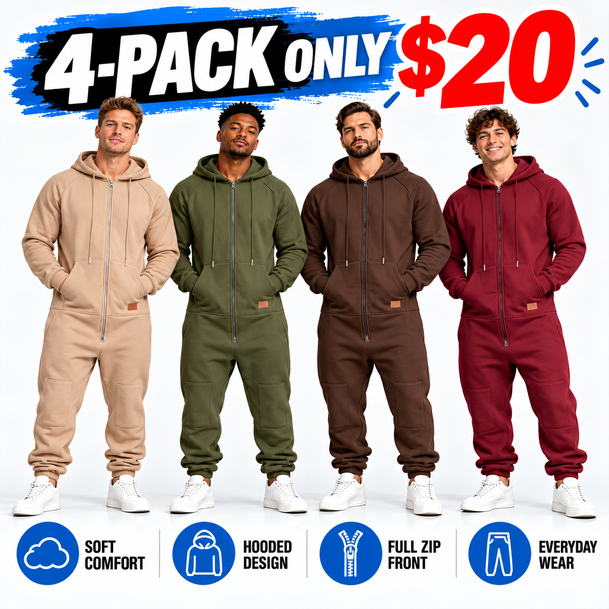 Men's Hooded Cargo Jumpsuit – Multi-Pocket Full-Zip One-Piece Outfit for Fall & Winter