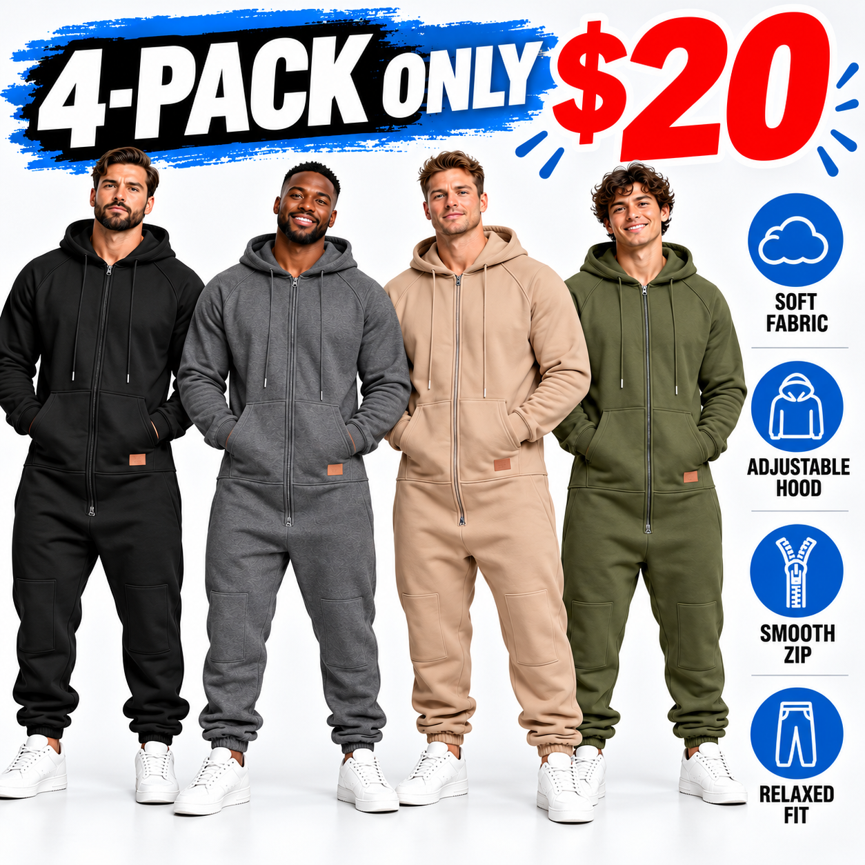 Men's Hooded Cargo Jumpsuit – Multi-Pocket Full-Zip One-Piece Outfit for Fall & Winter
