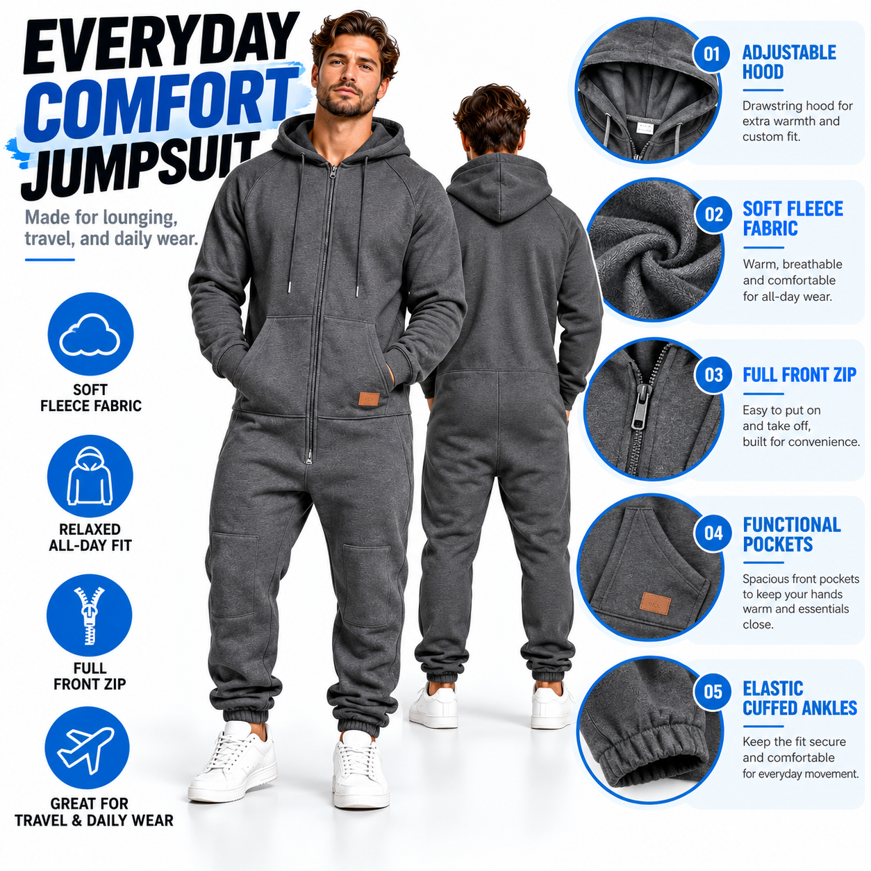 Men's Hooded Cargo Jumpsuit – Multi-Pocket Full-Zip One-Piece Outfit for Fall & Winter