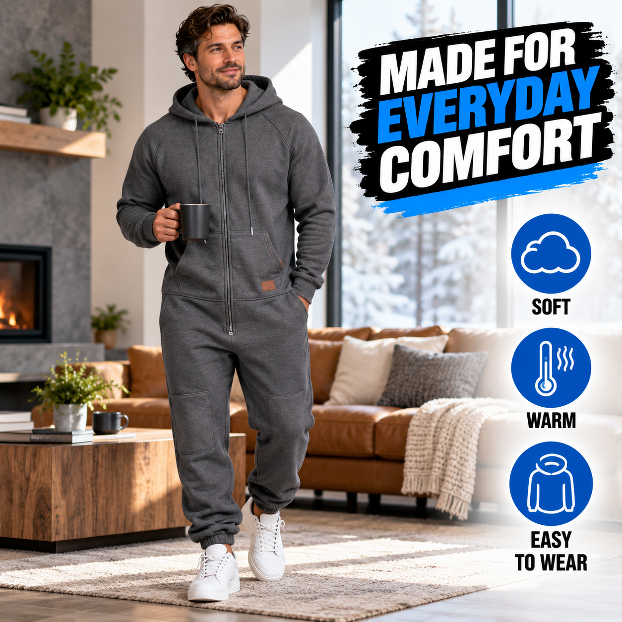Men's Hooded Cargo Jumpsuit – Multi-Pocket Full-Zip One-Piece Outfit for Fall & Winter