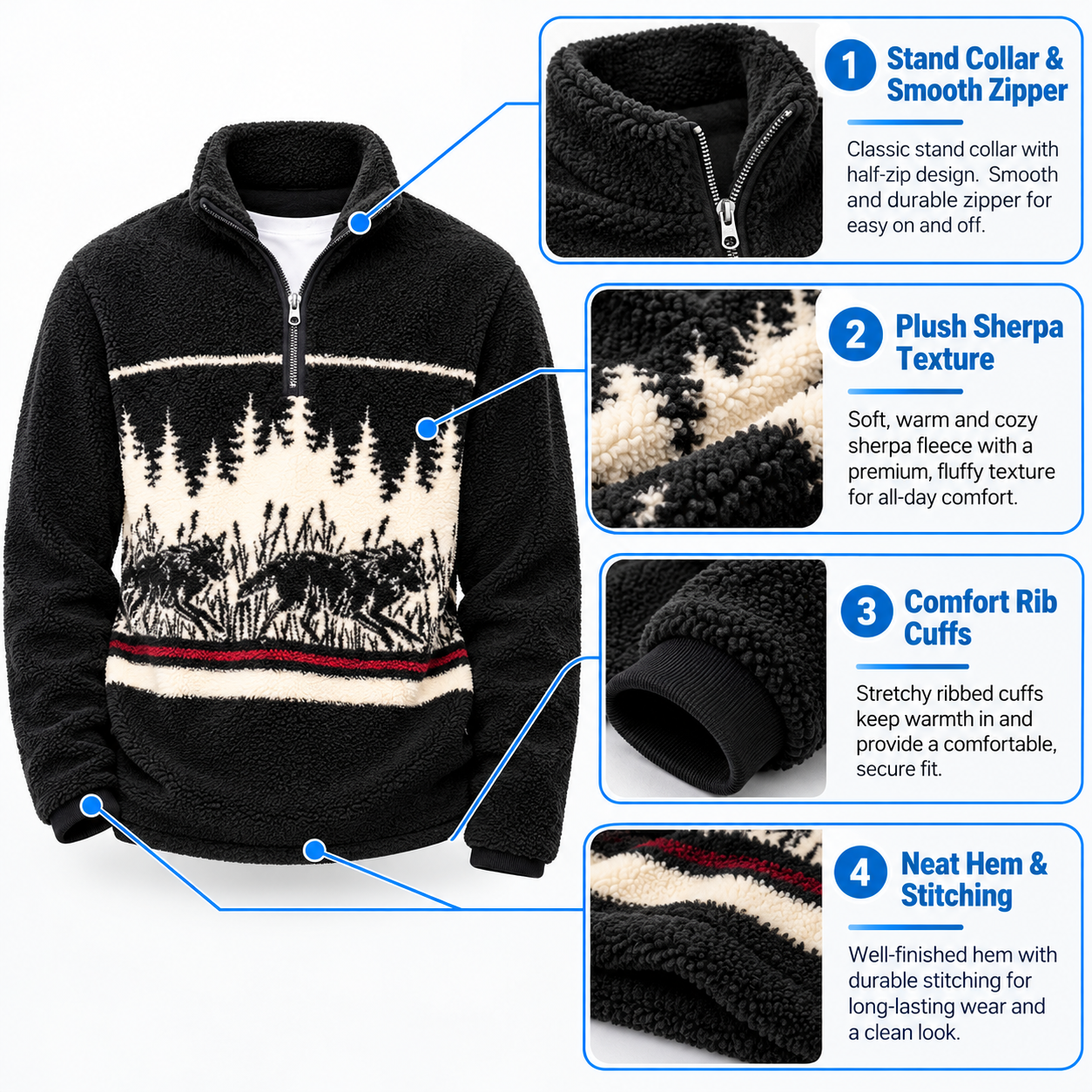 Men's Sherpa Fleece Quarter-Zip Pullover – Warm Outdoor Relaxed Sweatshirt