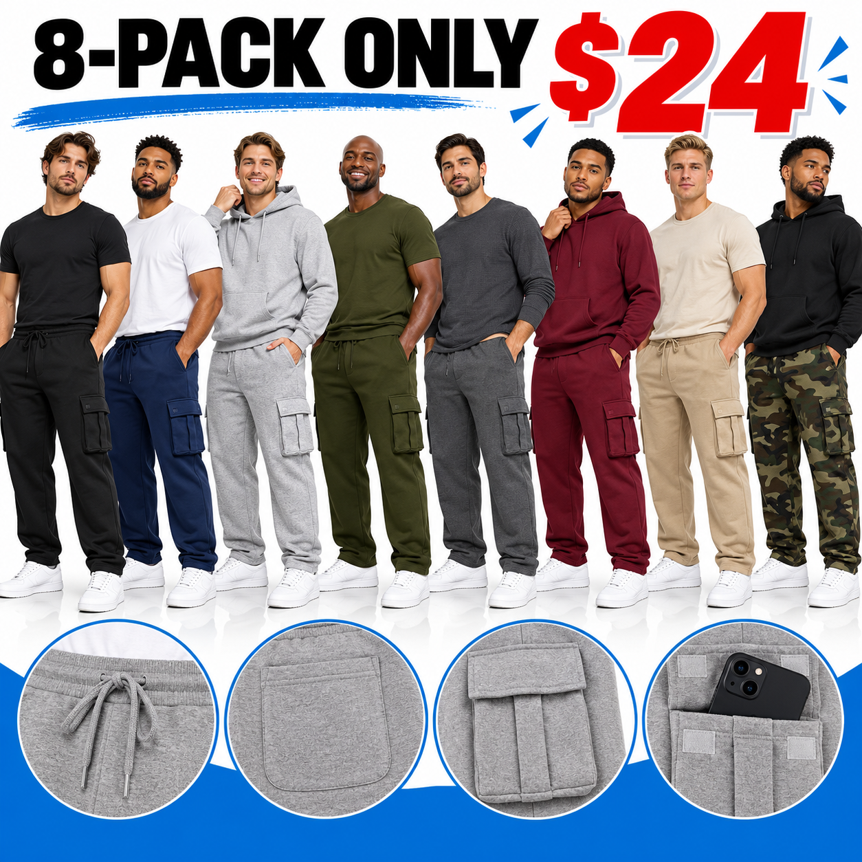 Men’s Relaxed Cargo Sweatpants – Soft Fleece Drawstring Utility Pants with Multi-Pocket Storage