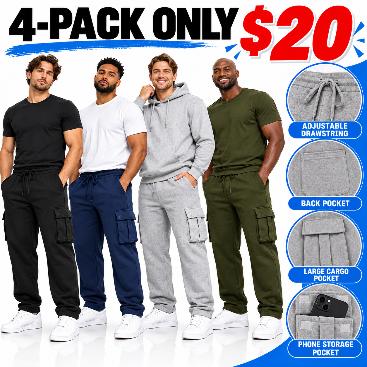 Men’s Relaxed Cargo Sweatpants – Soft Fleece Drawstring Utility Pants with Multi-Pocket Storage