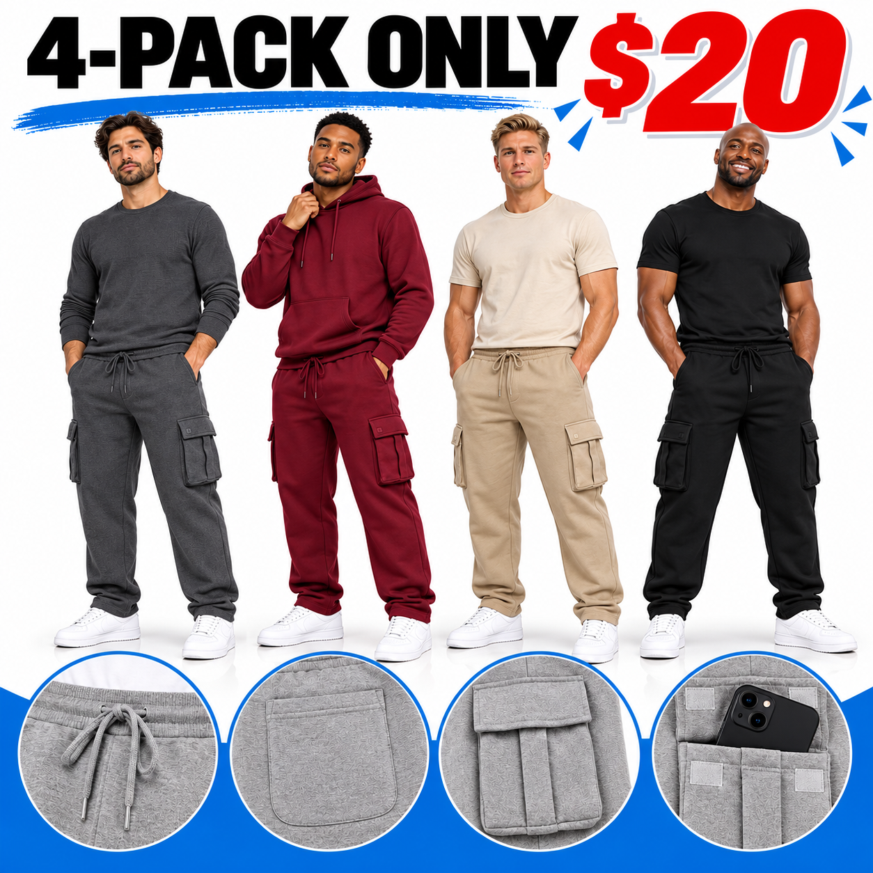 Men’s Relaxed Cargo Sweatpants – Soft Fleece Drawstring Utility Pants with Multi-Pocket Storage