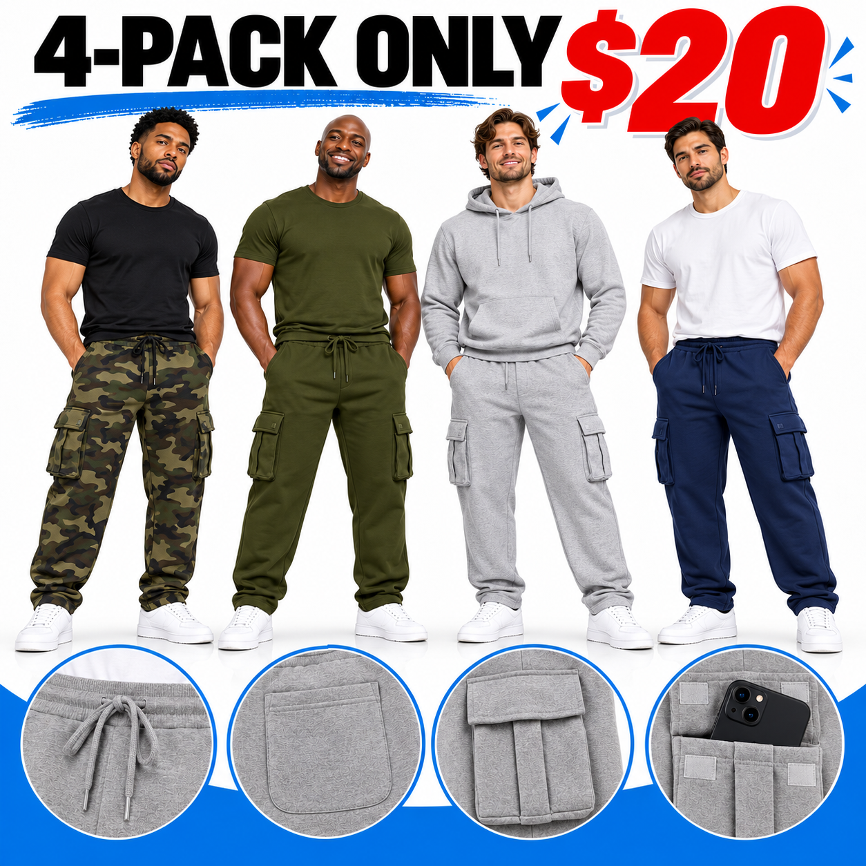 Men’s Relaxed Cargo Sweatpants – Soft Fleece Drawstring Utility Pants with Multi-Pocket Storage