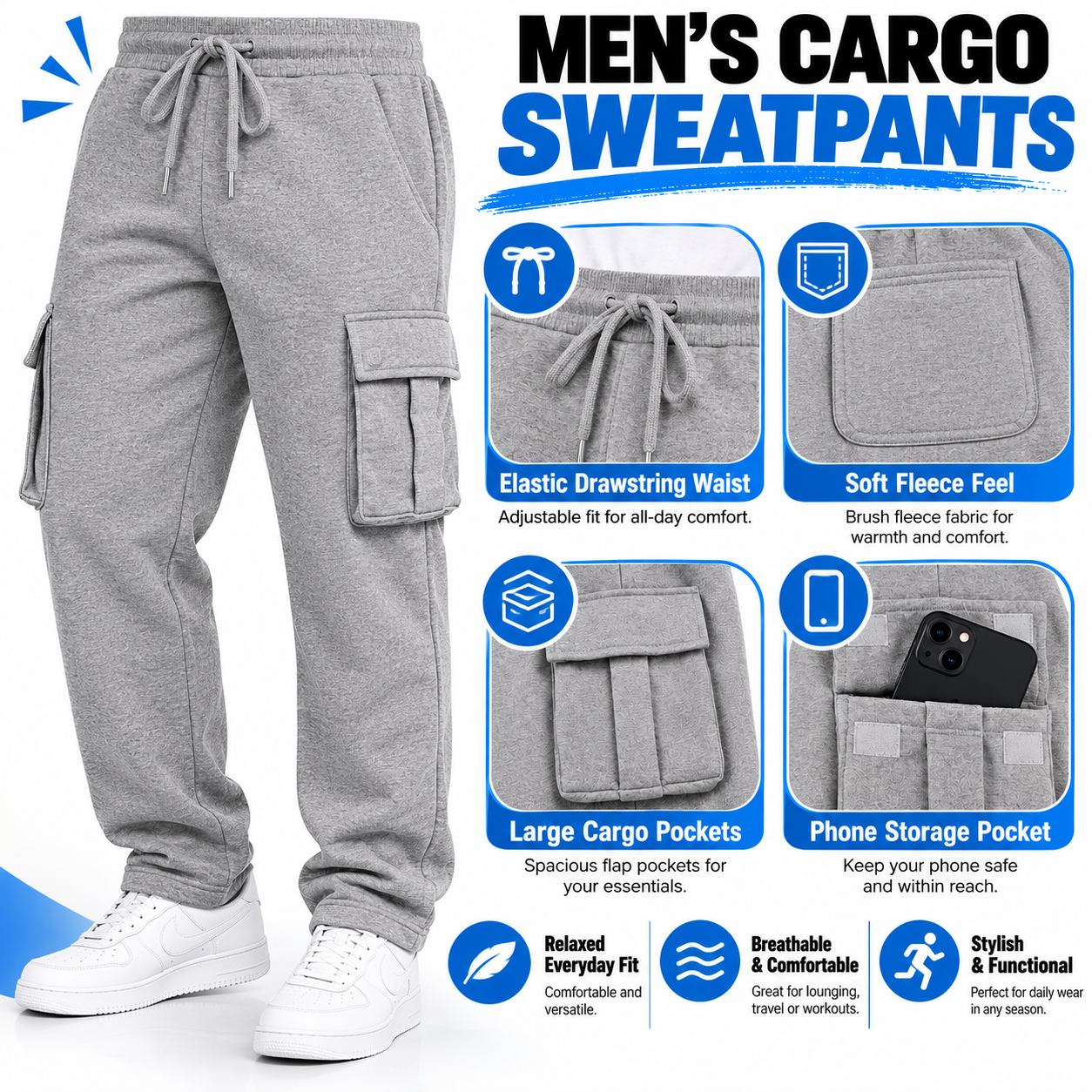 Men’s Relaxed Cargo Sweatpants – Soft Fleece Drawstring Utility Pants with Multi-Pocket Storage