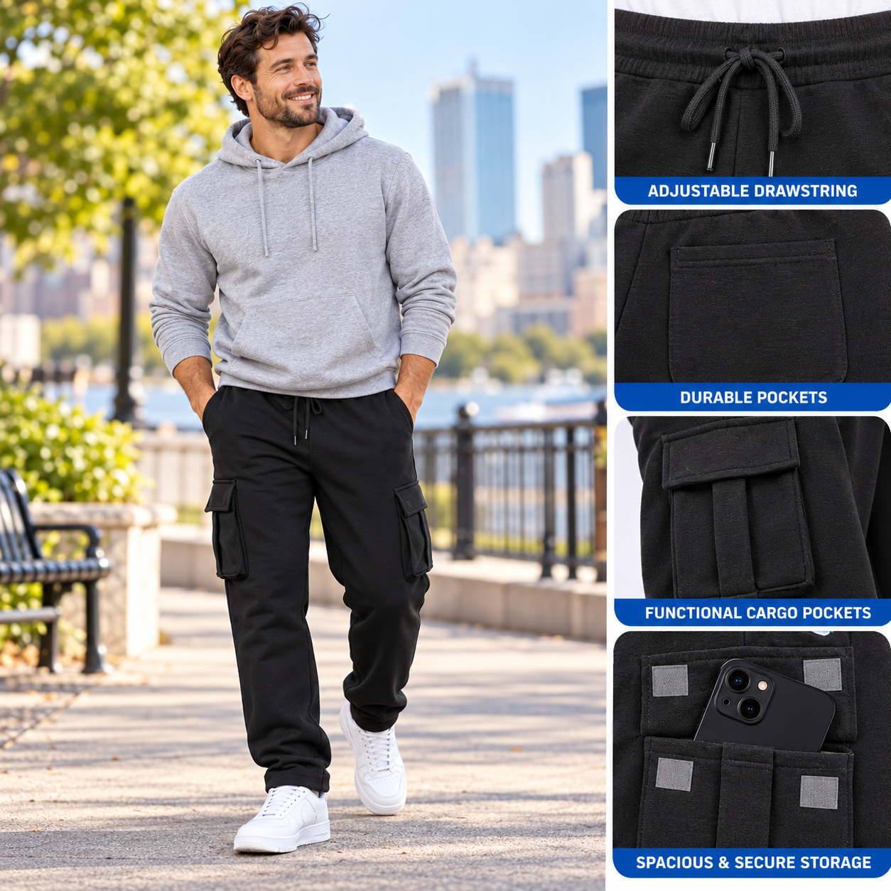 Men’s Relaxed Cargo Sweatpants – Soft Fleece Drawstring Utility Pants with Multi-Pocket Storage