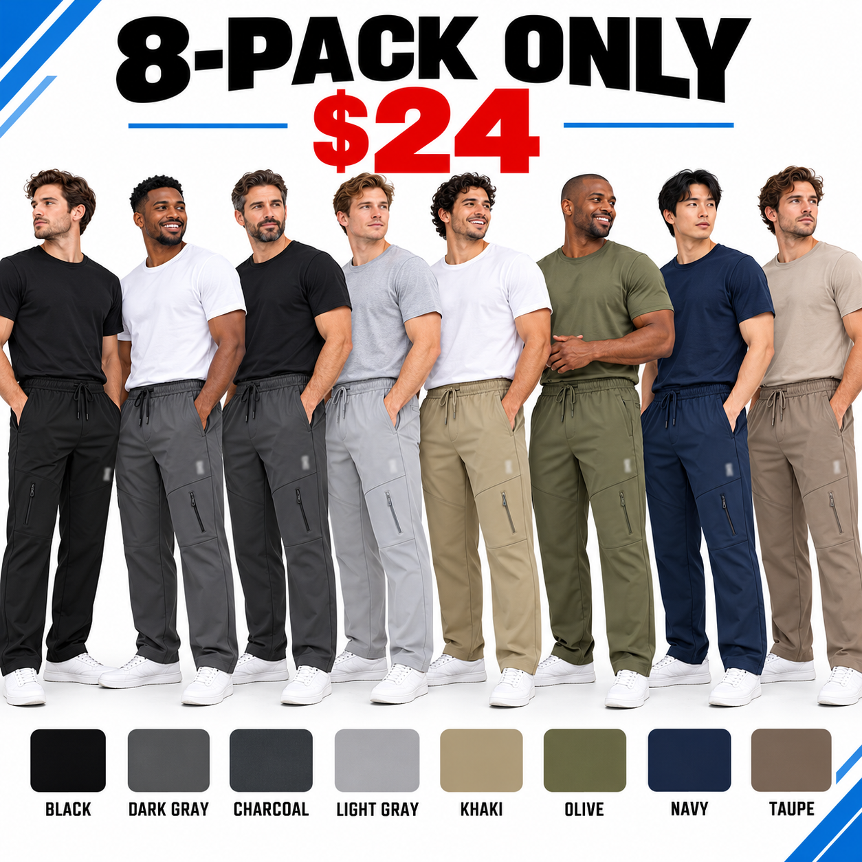 Men's Lightweight Stretch Performance Pants – Straight-Leg Zip Pocket Outdoor Casual Trousers