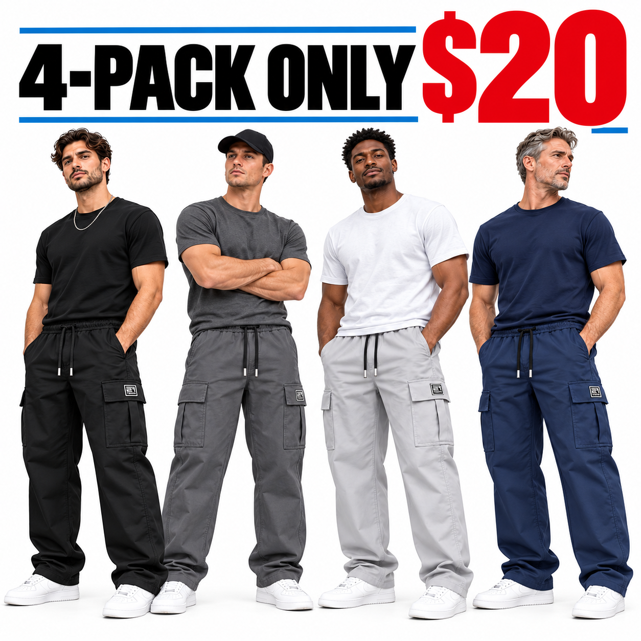 Men's Relaxed Cargo Pants – Elastic Drawstring Utility Pants with Multi-Pocket Storage