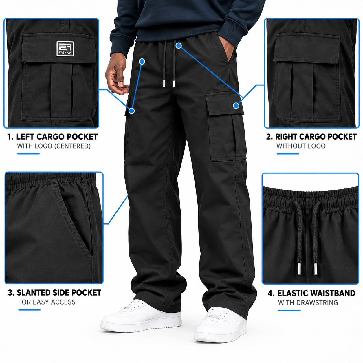 Men's Relaxed Cargo Pants – Elastic Drawstring Utility Pants with Multi-Pocket Storage