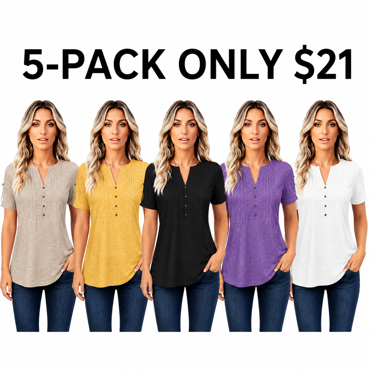 Women’s V Neck T Shirt – Casual Pleated Button Top, Loose Fit Short Sleeve Summer Tee