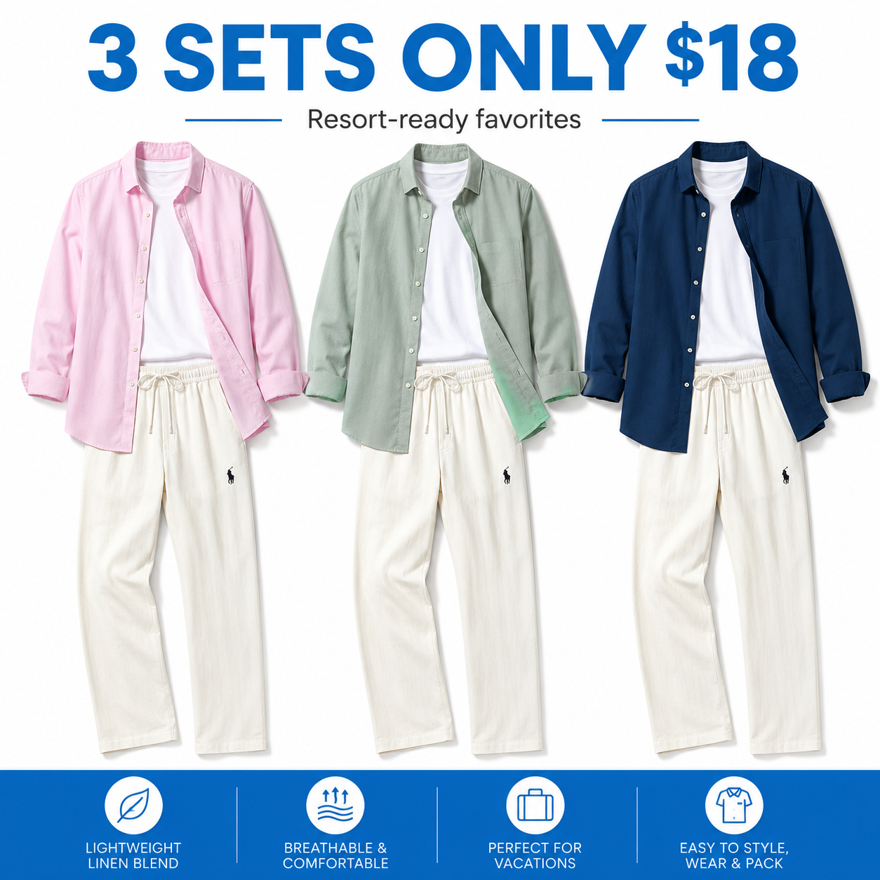 👔 Men's Lightweight Linen 2-Piece Set – Loose Fit Button-Down Shirt & Pants