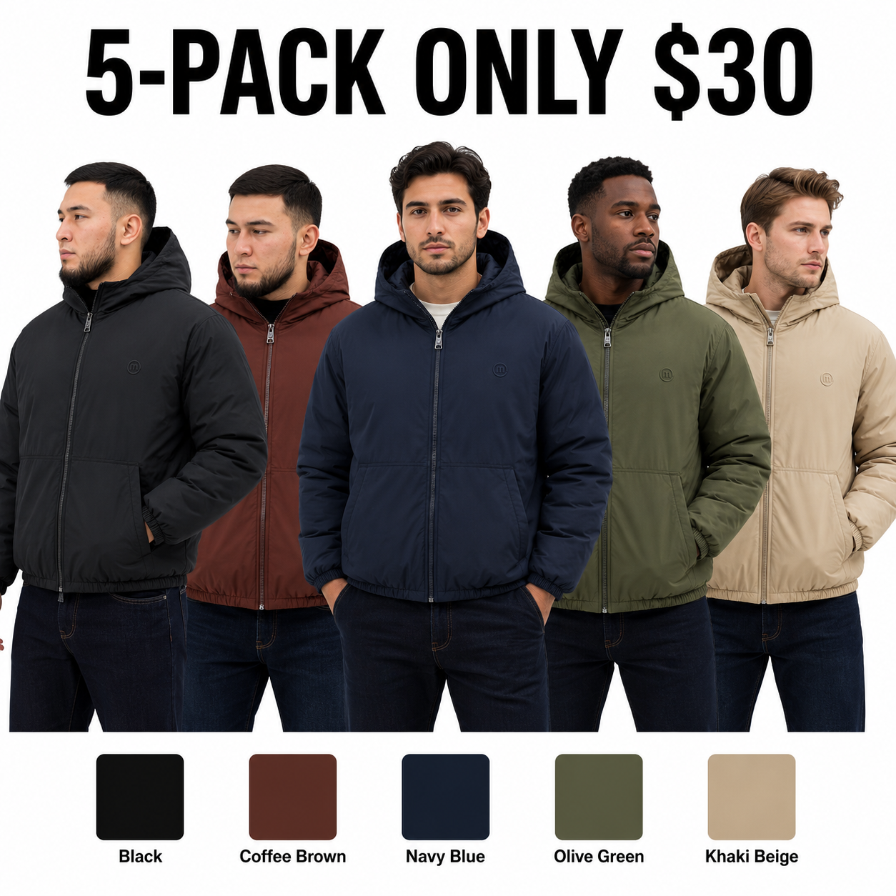 Men's Lightweight Insulated Hooded Puffer Jacket - Windproof Zip-Up Winter Coat