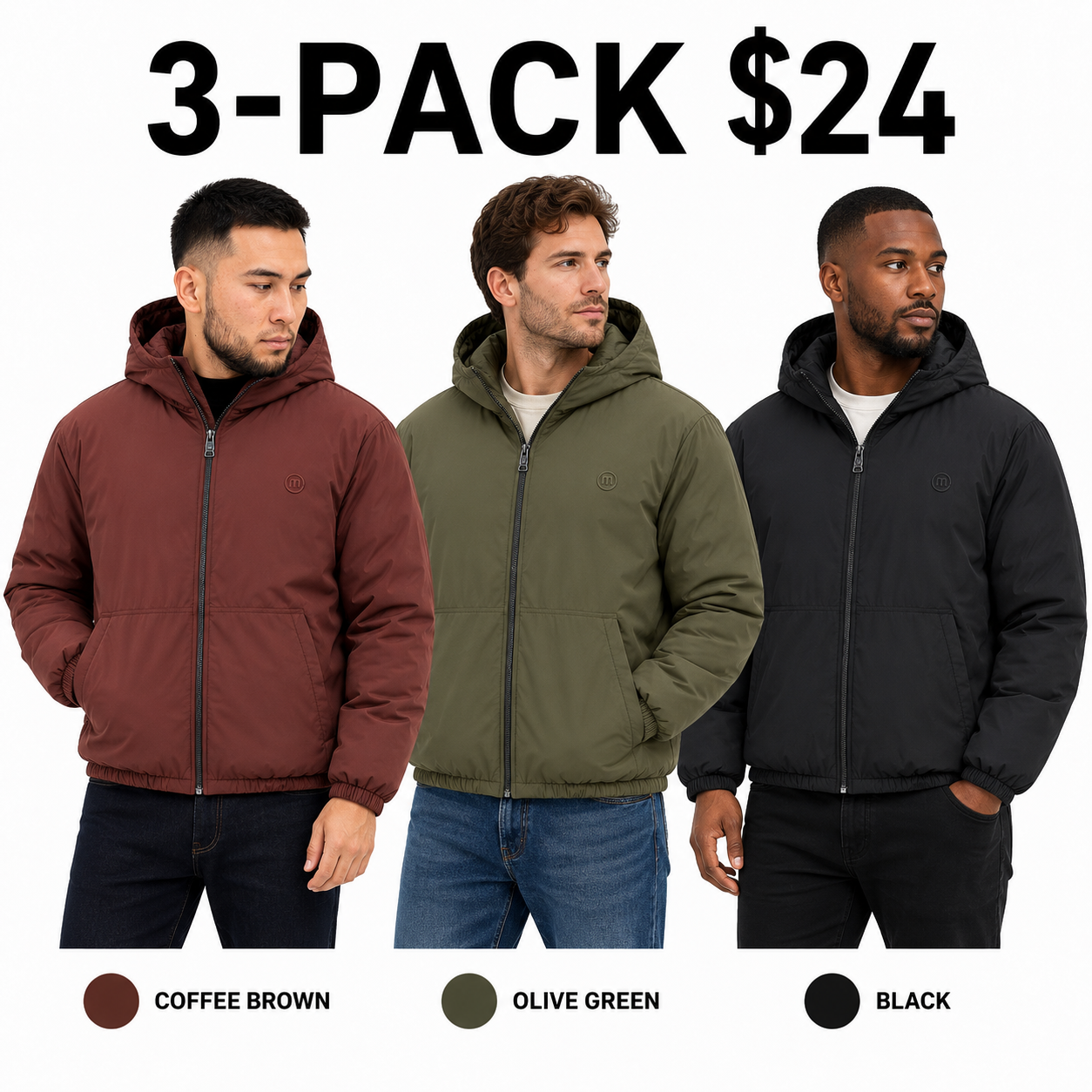 Men's Lightweight Insulated Hooded Puffer Jacket - Windproof Zip-Up Winter Coat