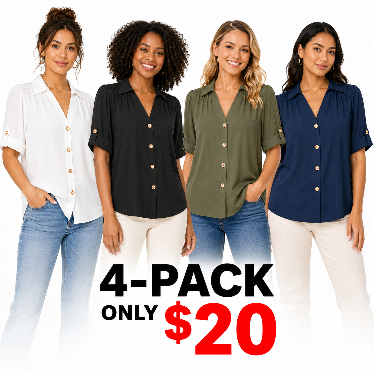 Women's Pleated V-Neck Button-Down Blouse – Roll-Tab 3/4 Sleeve Collared Shirt