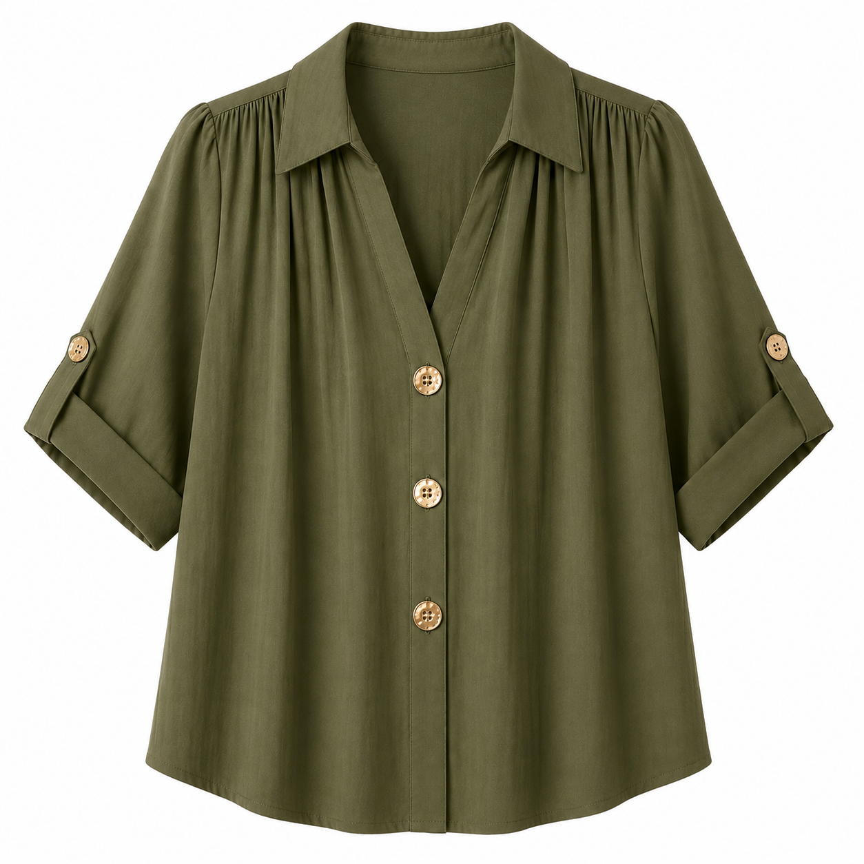Women's Pleated V-Neck Button-Down Blouse – Roll-Tab 3/4 Sleeve Collared Shirt