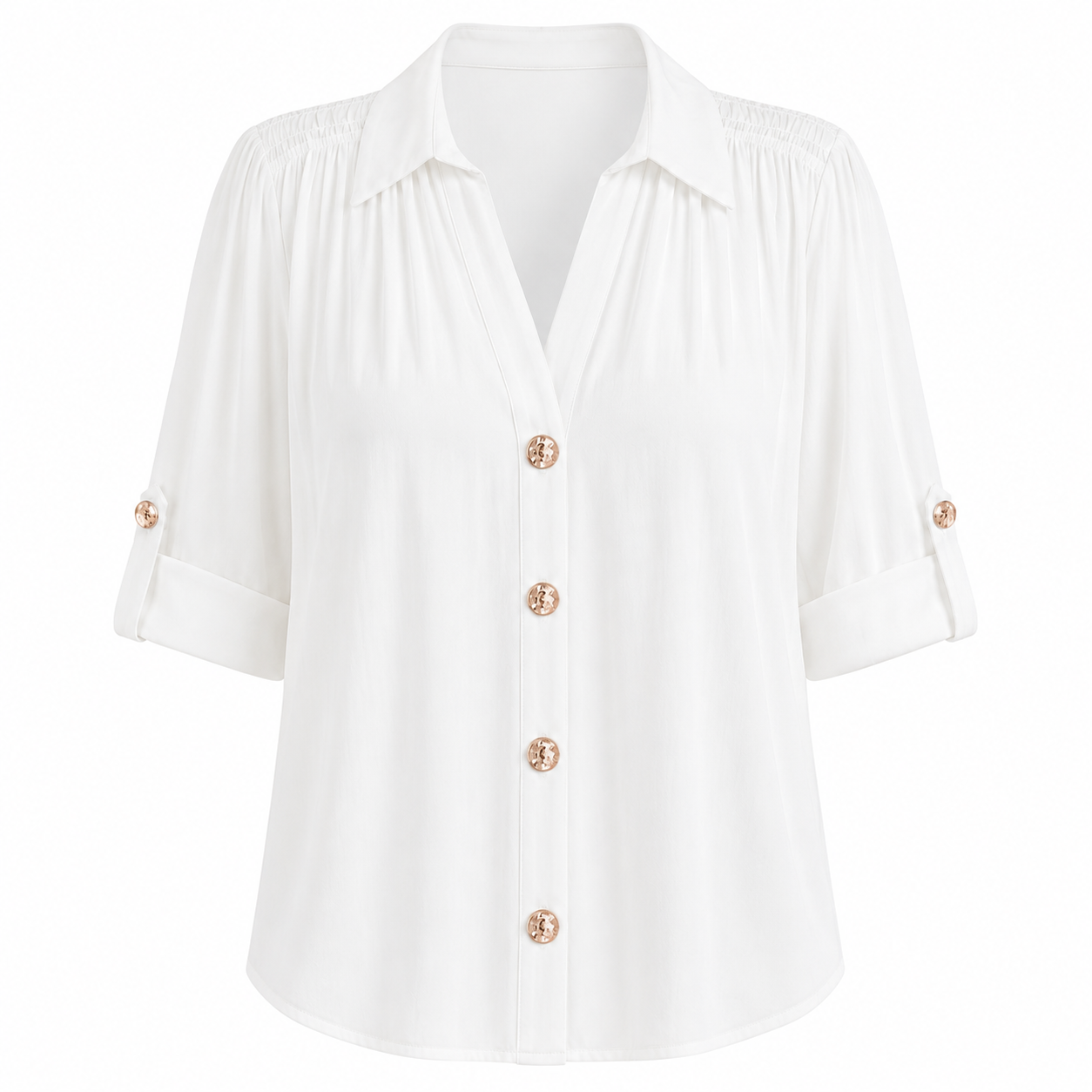Women's Pleated V-Neck Button-Down Blouse – Roll-Tab 3/4 Sleeve Collared Shirt