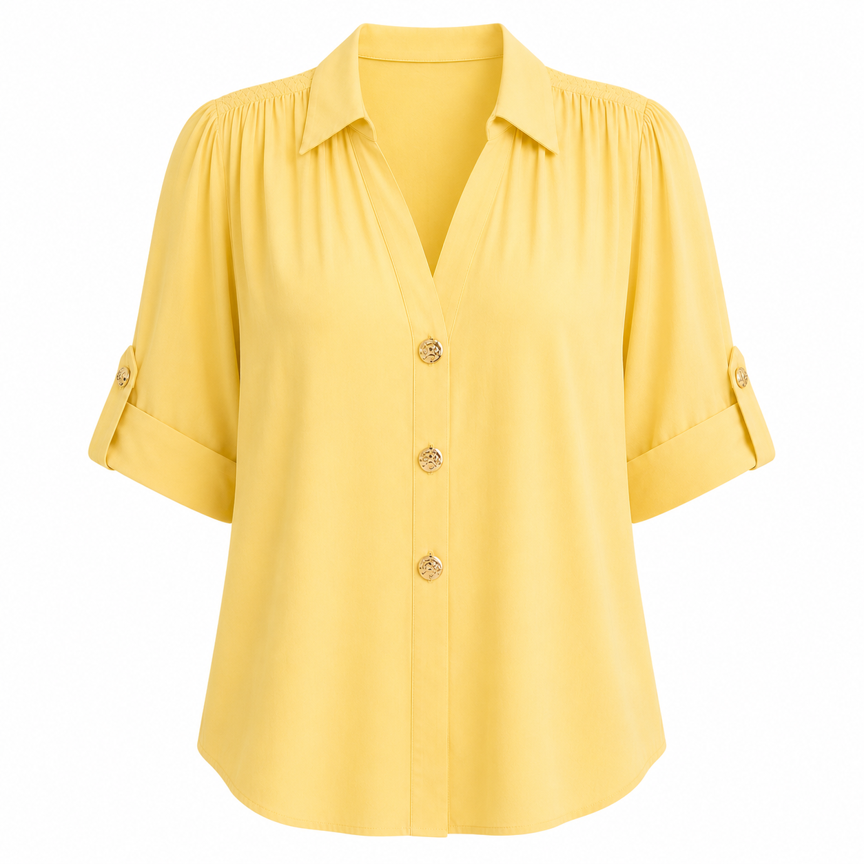 Women's Pleated V-Neck Button-Down Blouse – Roll-Tab 3/4 Sleeve Collared Shirt