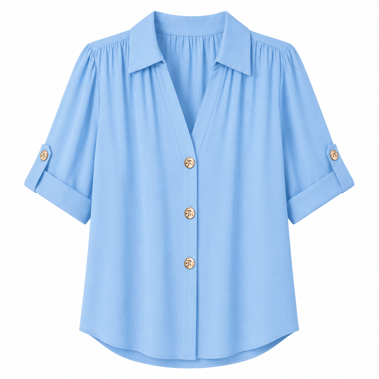 Women's Pleated V-Neck Button-Down Blouse – Roll-Tab 3/4 Sleeve Collared Shirt