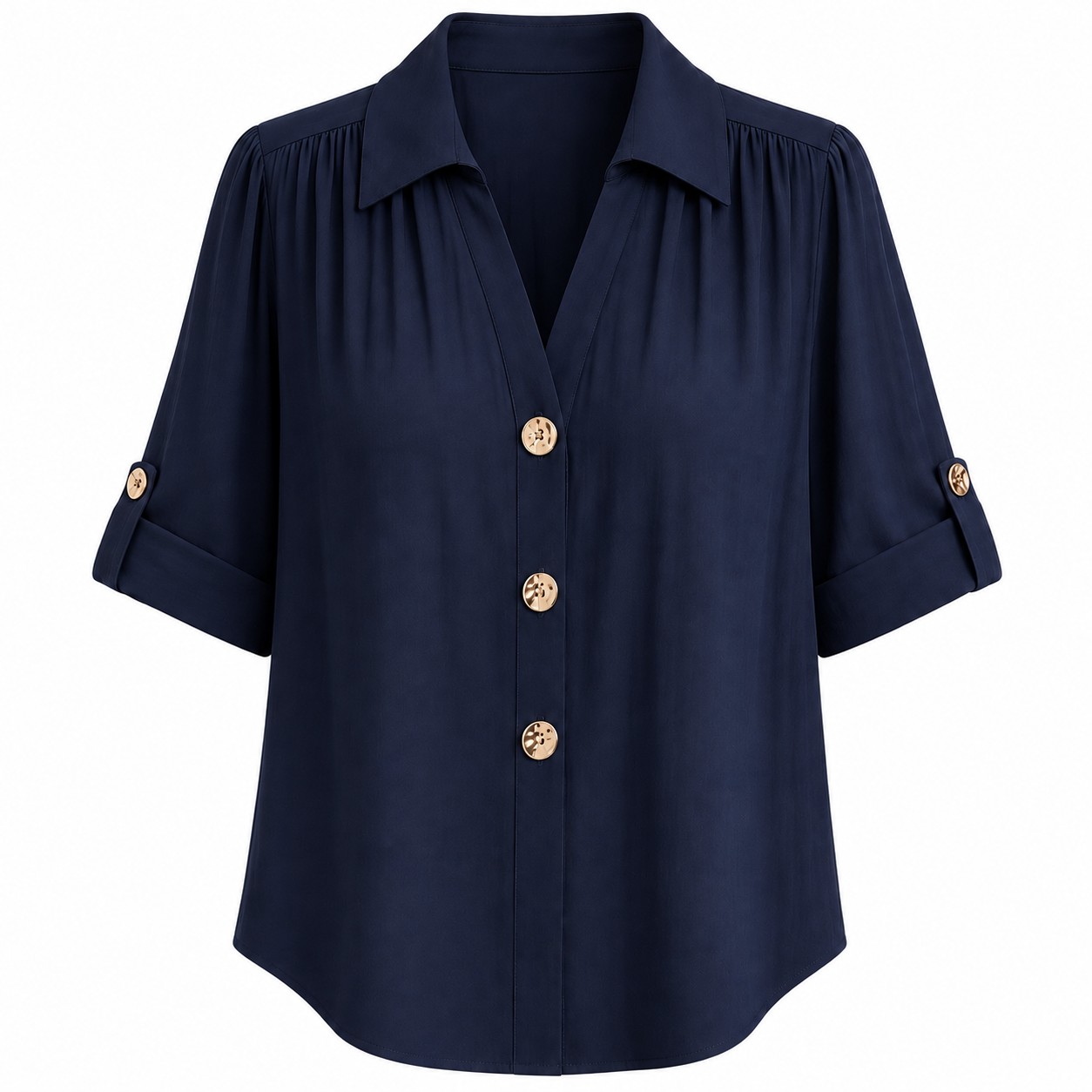 Women's Pleated V-Neck Button-Down Blouse – Roll-Tab 3/4 Sleeve Collared Shirt