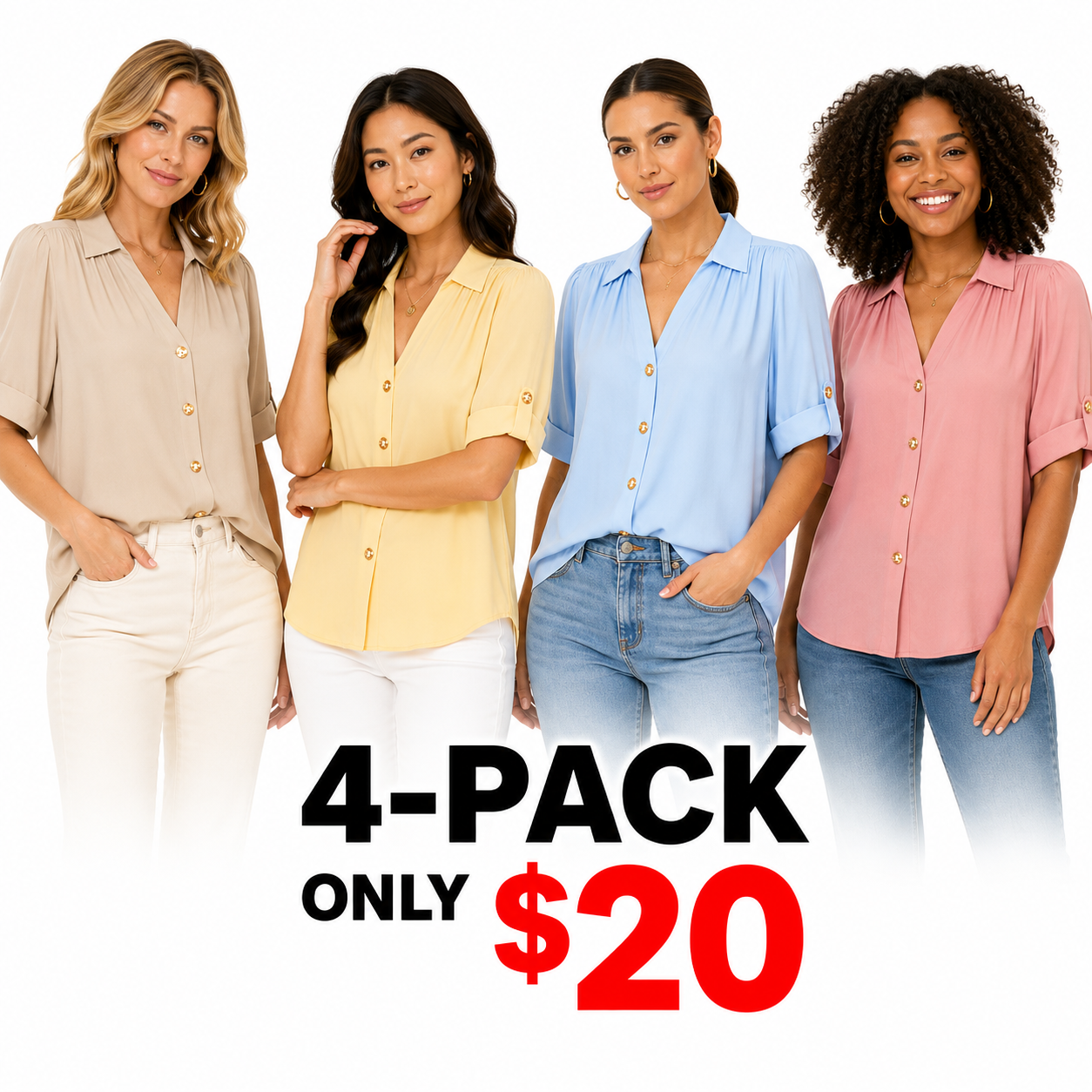 Women's Pleated V-Neck Button-Down Blouse – Roll-Tab 3/4 Sleeve Collared Shirt
