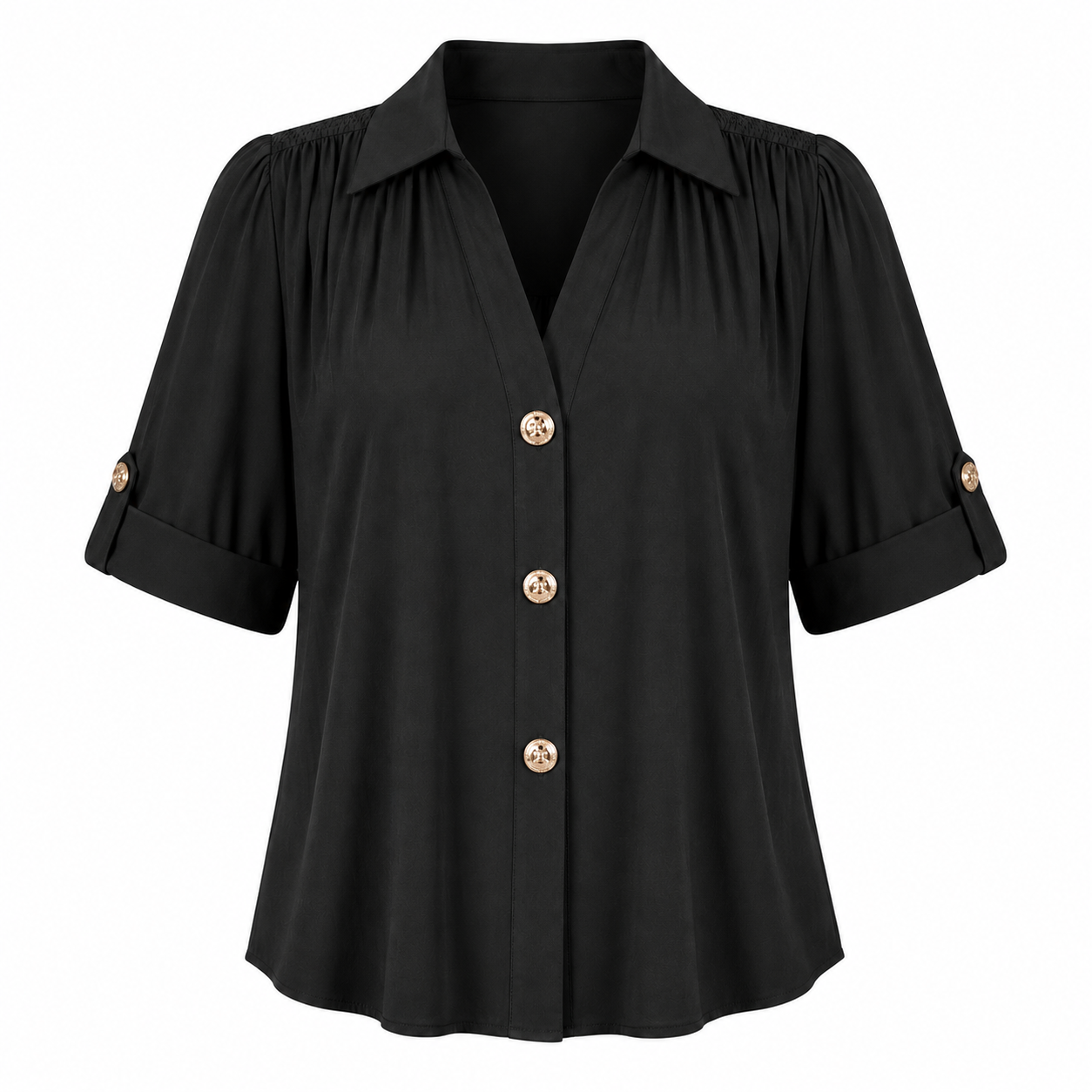 Women's Pleated V-Neck Button-Down Blouse – Roll-Tab 3/4 Sleeve Collared Shirt