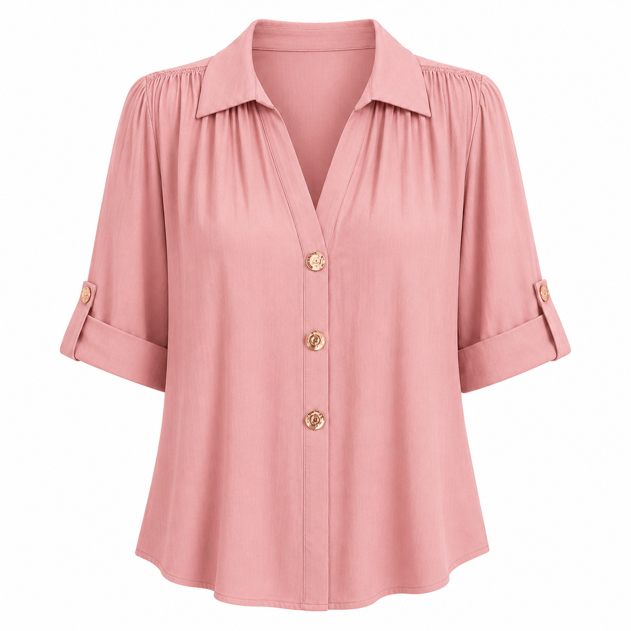 Women's Pleated V-Neck Button-Down Blouse – Roll-Tab 3/4 Sleeve Collared Shirt