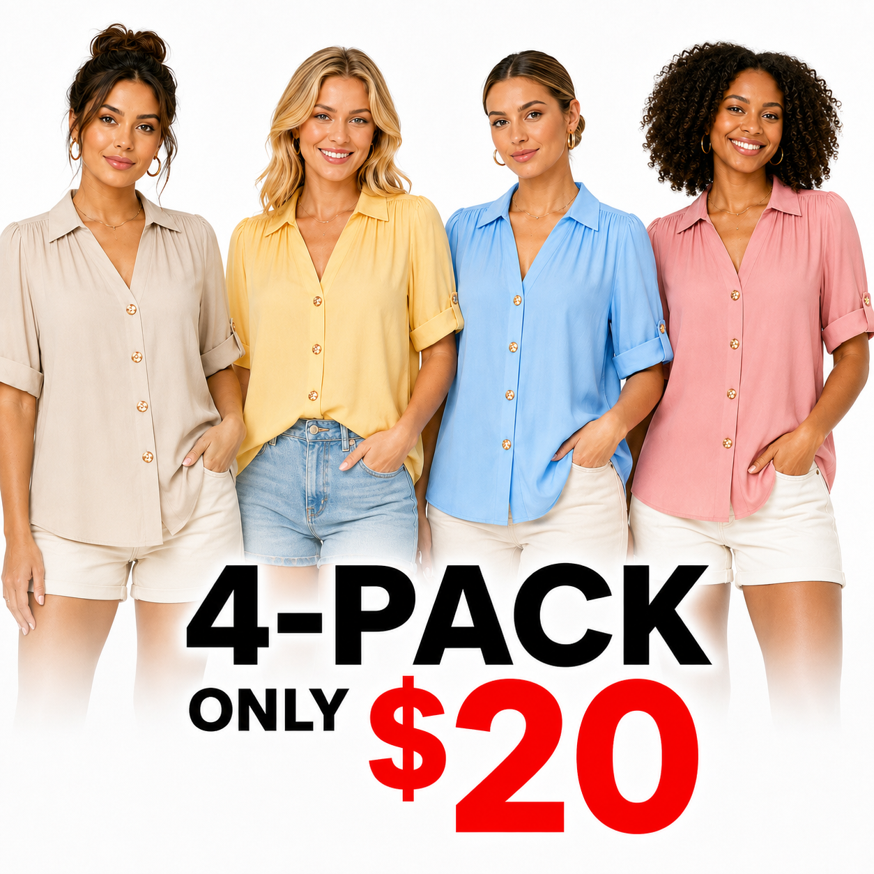 Women's Pleated V-Neck Button-Down Blouse – Roll-Tab 3/4 Sleeve Collared Shirt