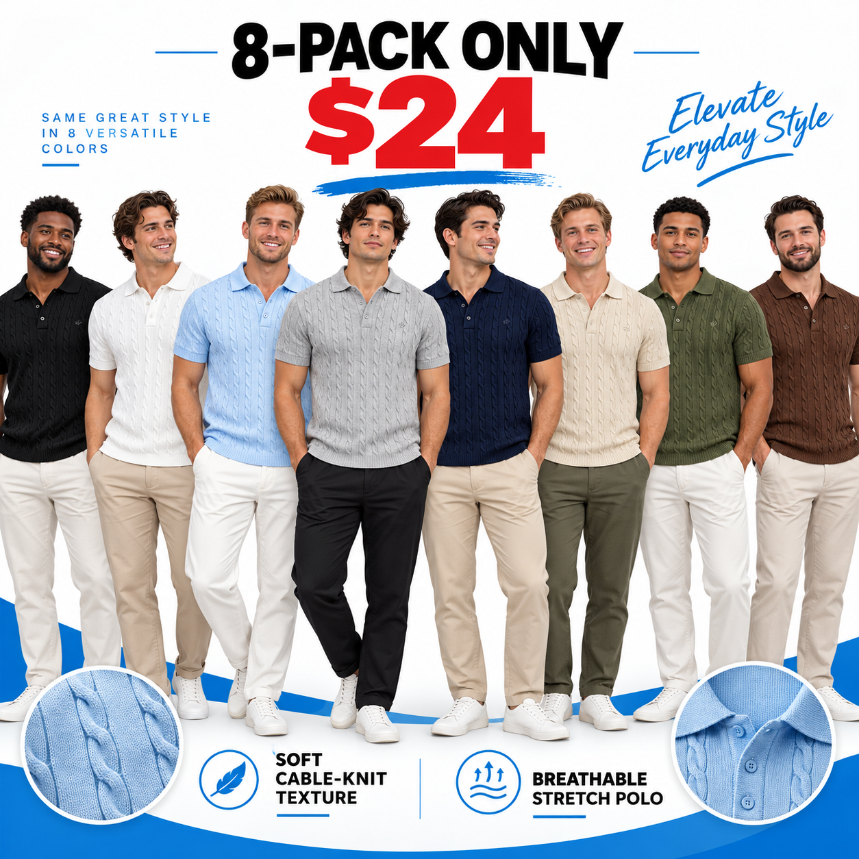 🔥Men's Knitted Polo Neck Half-Zip Sweatshirt – Fitted Cable Knit Pullover