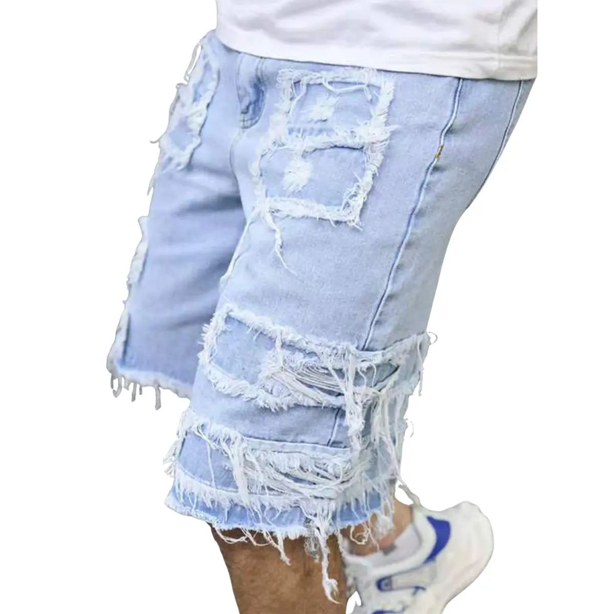 Distressed raw-edge denim shorts with slight stretch; pants without a drawstring