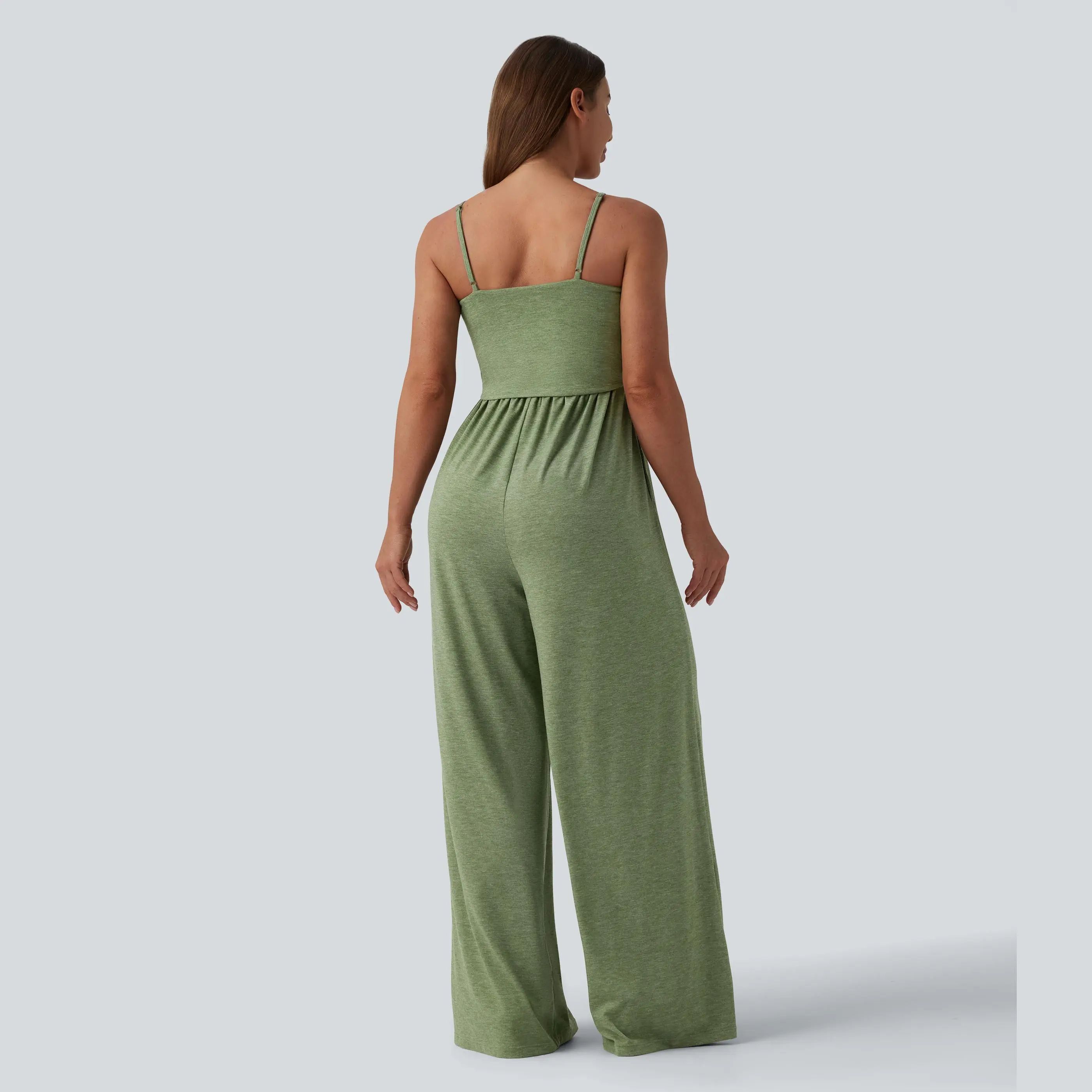Adjustable Straps Ruched Wide Leg Heathered Casual Jumpsuit with Pockets-Easy Peezy