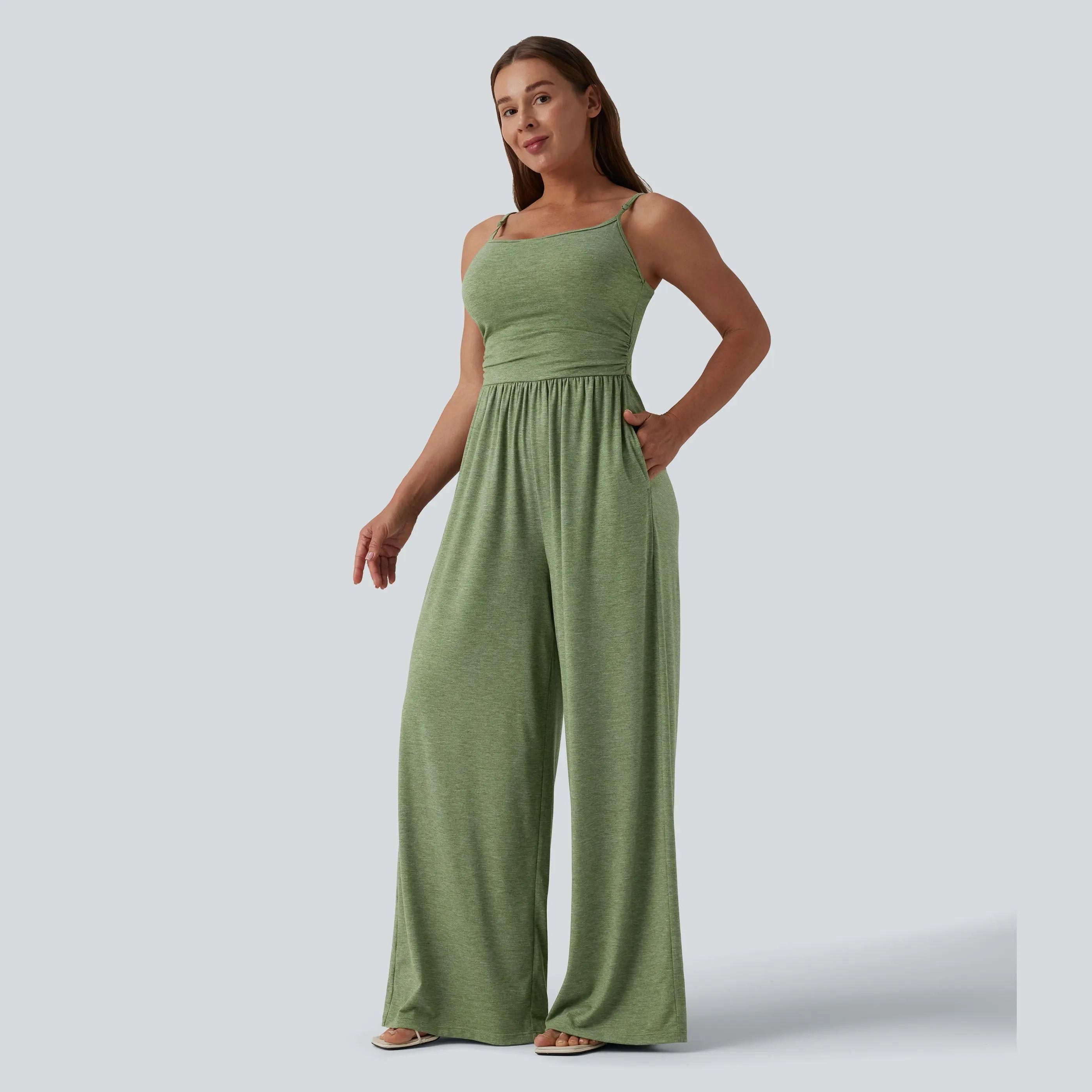 Adjustable Straps Ruched Wide Leg Heathered Casual Jumpsuit with Pockets-Easy Peezy