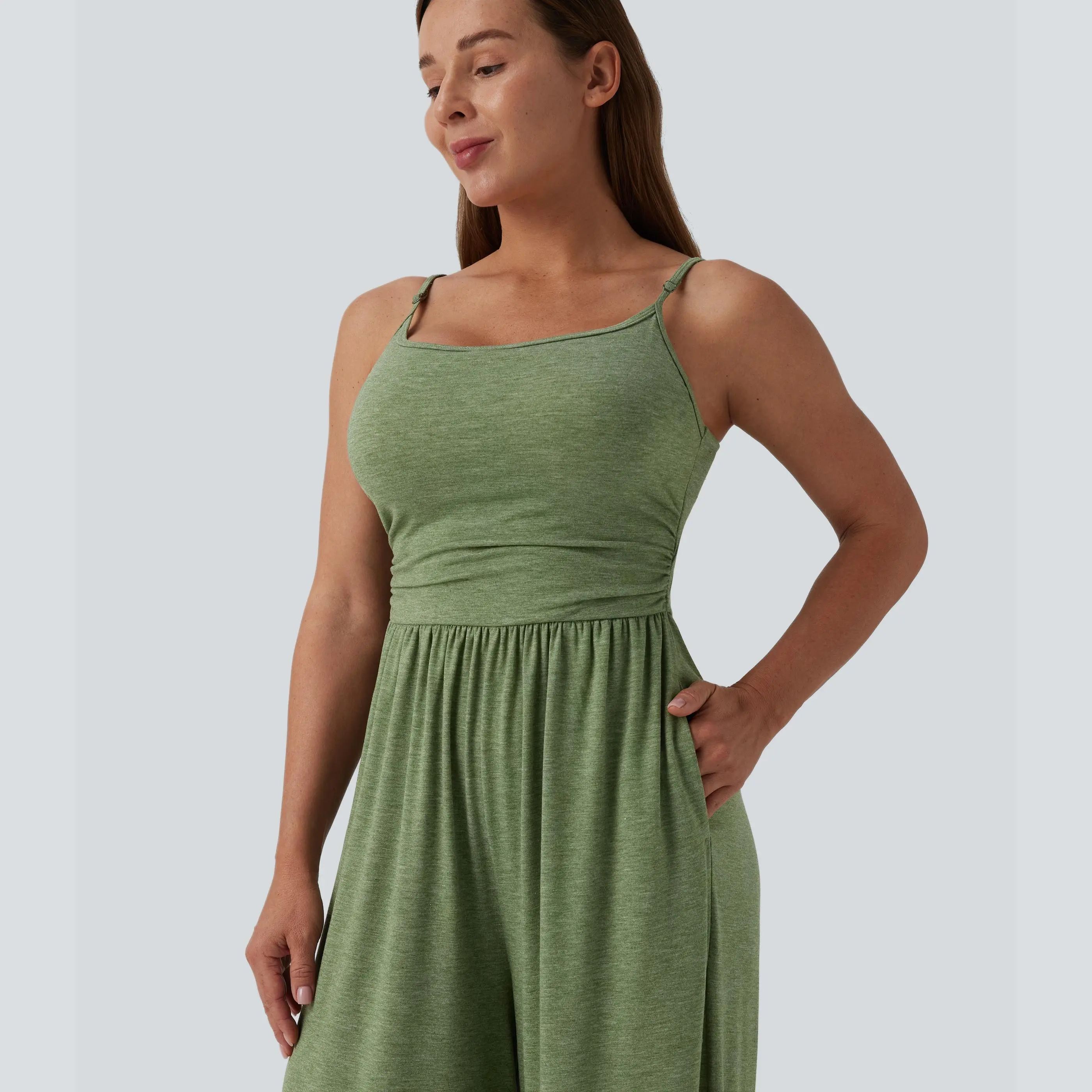Adjustable Straps Ruched Wide Leg Heathered Casual Jumpsuit with Pockets-Easy Peezy