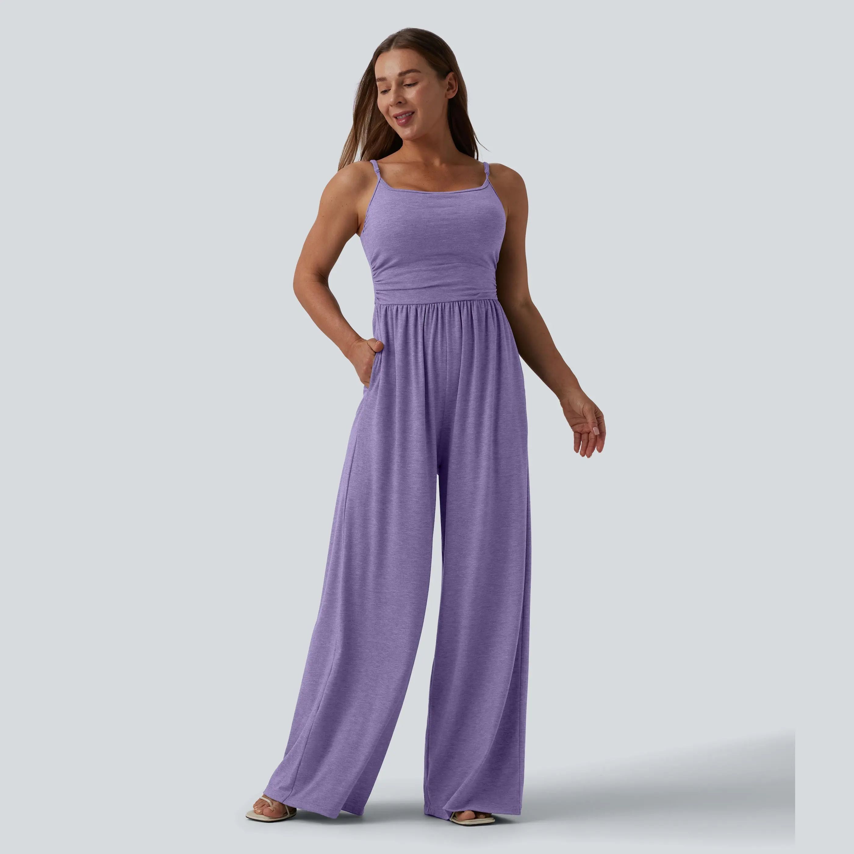 Adjustable Straps Ruched Wide Leg Heathered Casual Jumpsuit with Pockets-Easy Peezy