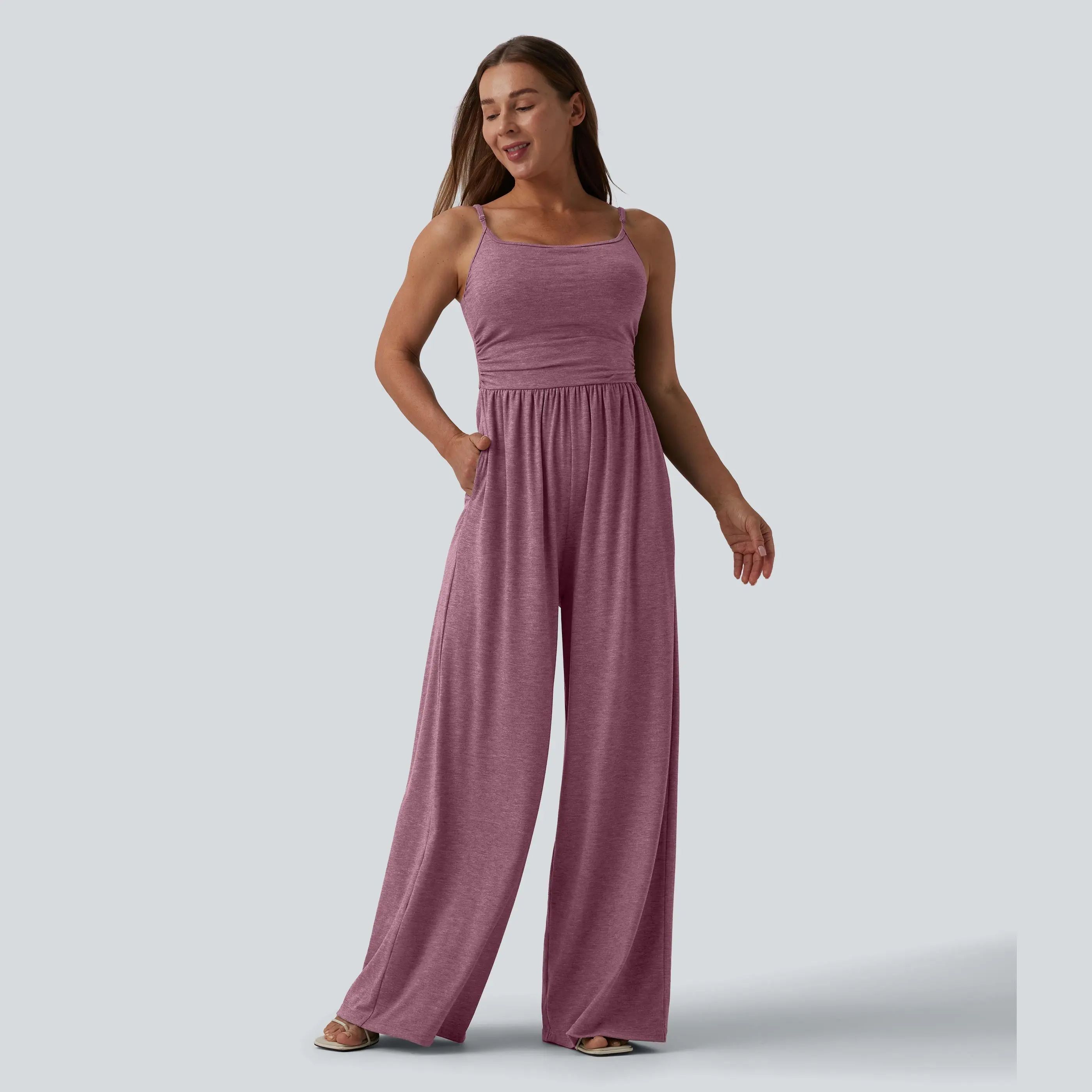 Adjustable Straps Ruched Wide Leg Heathered Casual Jumpsuit with Pockets-Easy Peezy