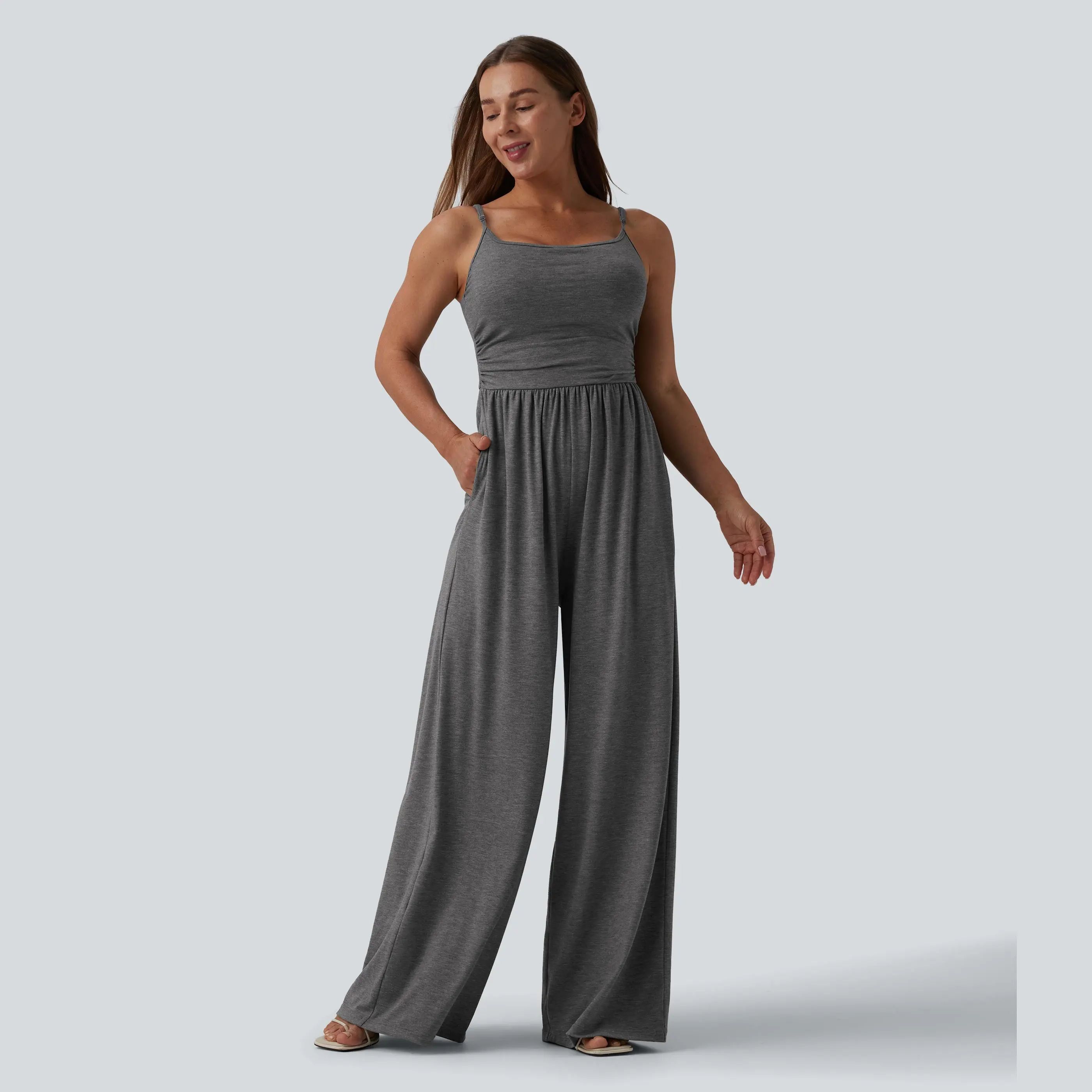 Adjustable Straps Ruched Wide Leg Heathered Casual Jumpsuit with Pockets-Easy Peezy