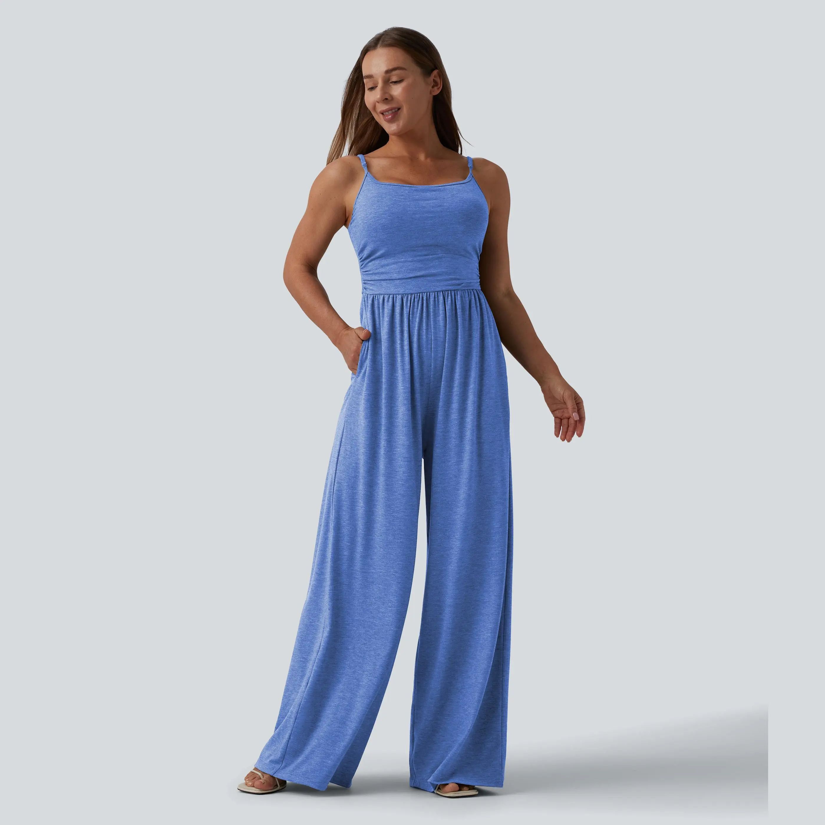 Adjustable Straps Ruched Wide Leg Heathered Casual Jumpsuit with Pockets-Easy Peezy