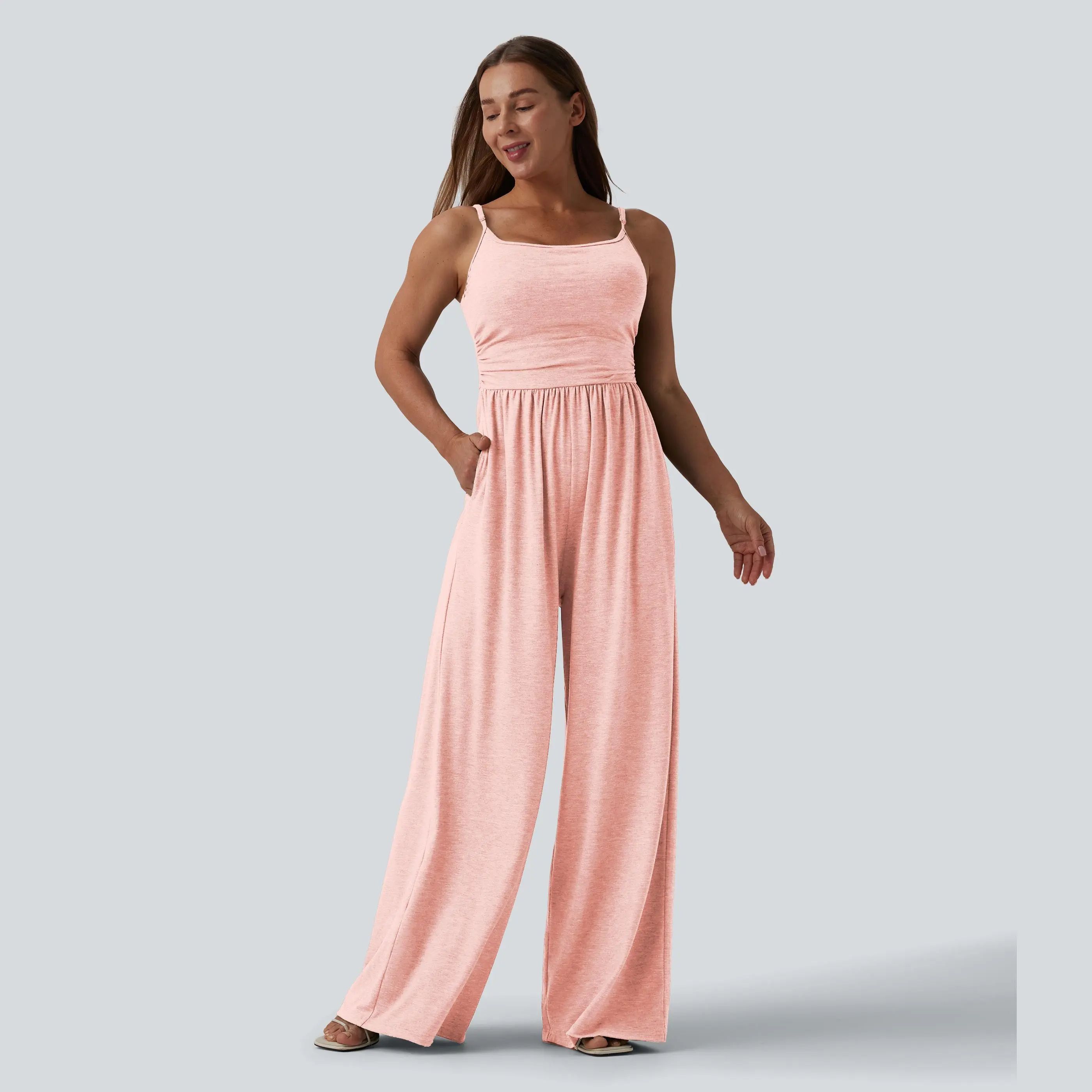 Adjustable Straps Ruched Wide Leg Heathered Casual Jumpsuit with Pockets-Easy Peezy