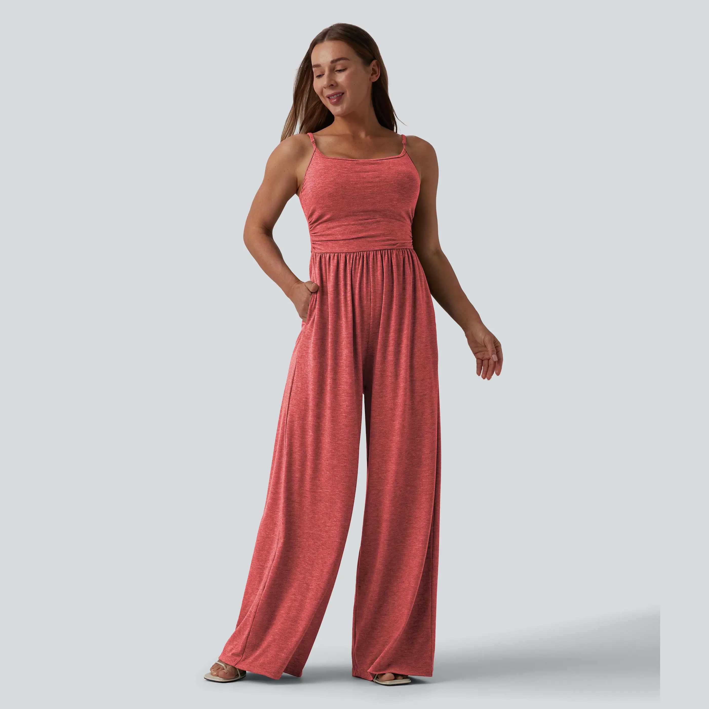Adjustable Straps Ruched Wide Leg Heathered Casual Jumpsuit with Pockets-Easy Peezy