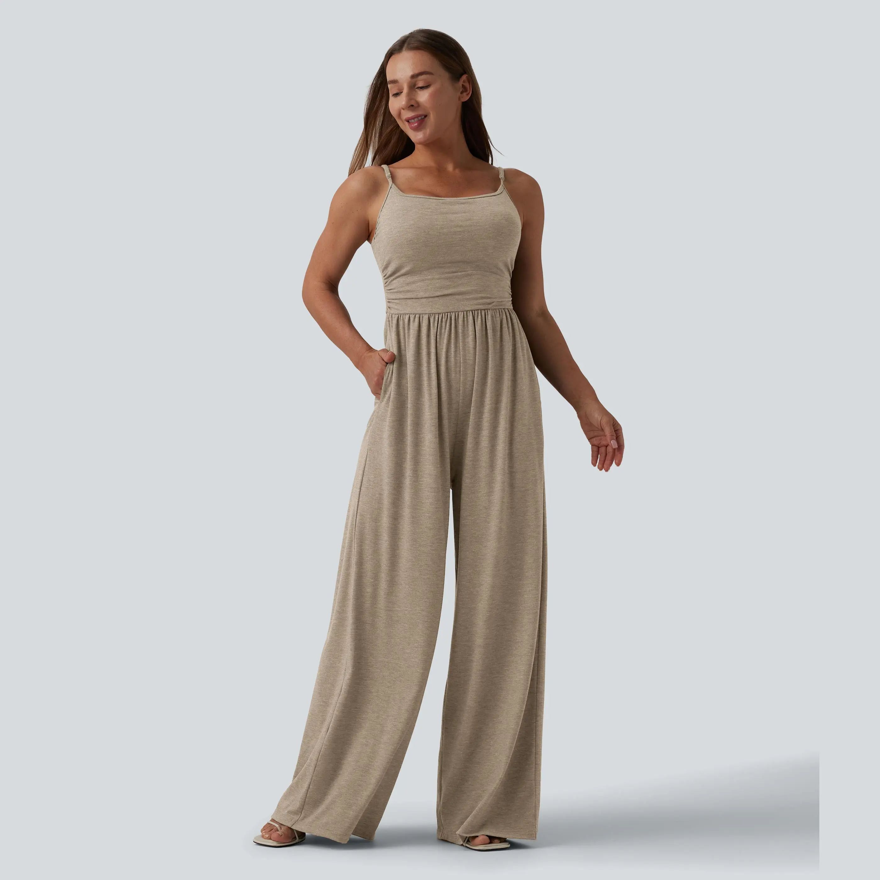 Adjustable Straps Ruched Wide Leg Heathered Casual Jumpsuit with Pockets-Easy Peezy