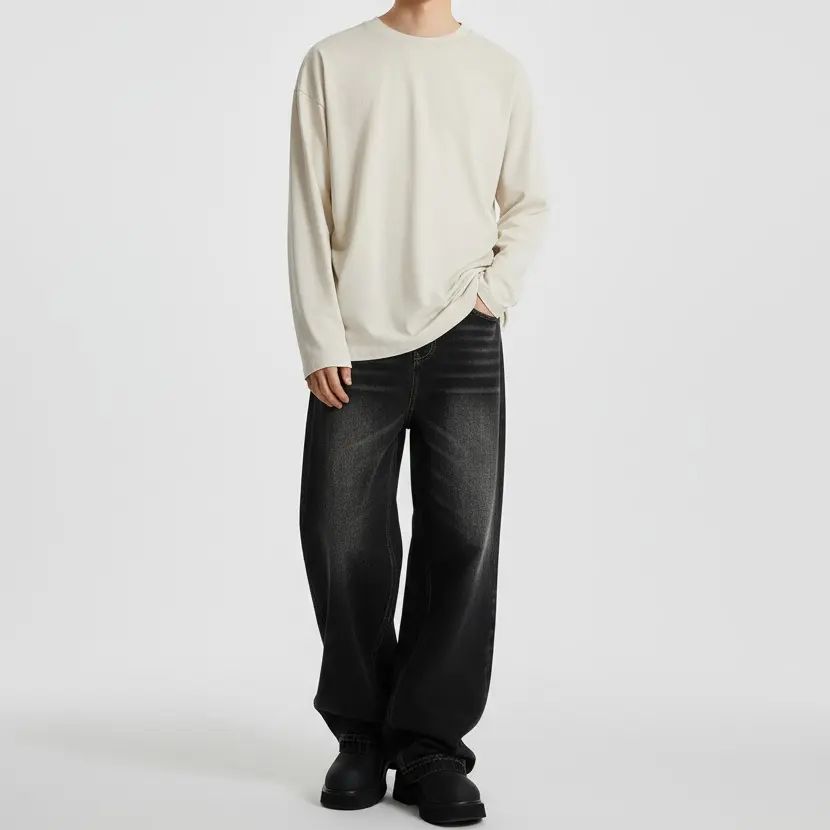 Unisex Retro 100% Pure Cotton Heavyweight Plant-Dyed Long Sleeve Crewneck T-Shirt