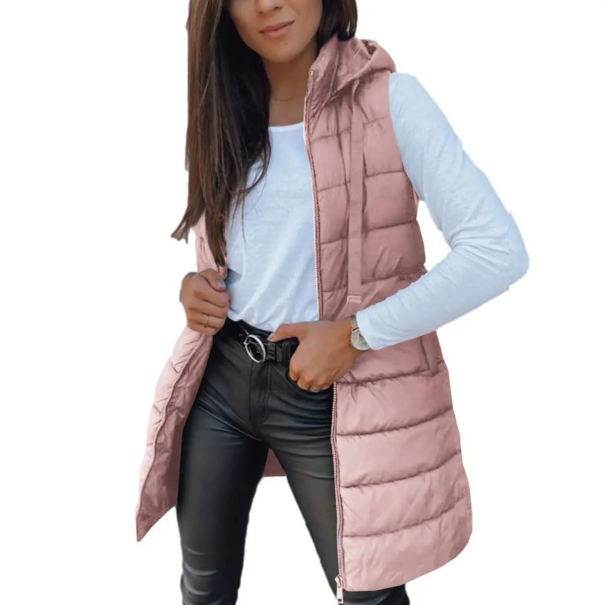 🧥 Women's Solid Color Long Puffer Vest – Sleeveless Hooded Winter Outwear